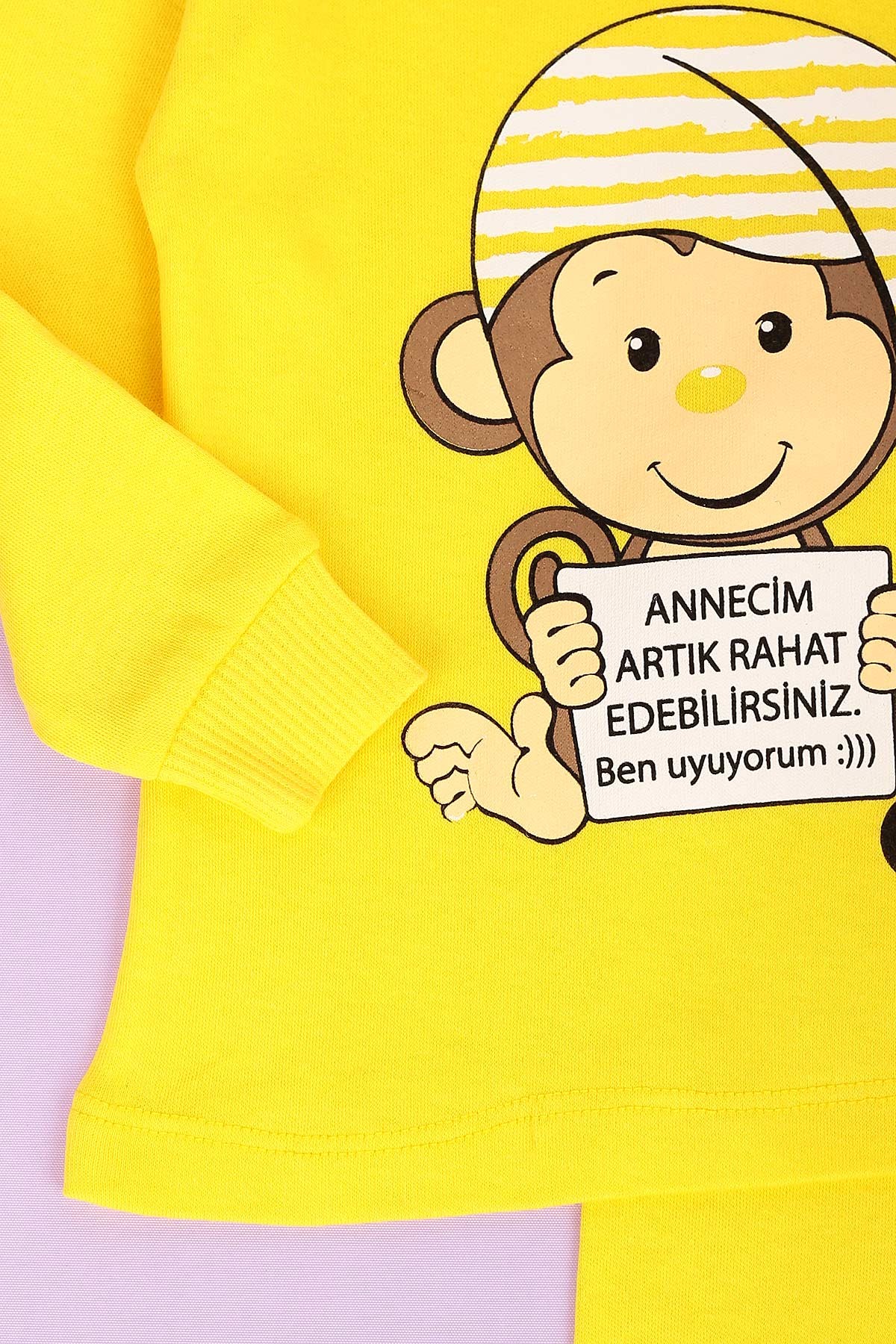 Sarı (1-3 Yaş) Şapkalı Maymun Baskılı Kız Çocuk Takım 148321