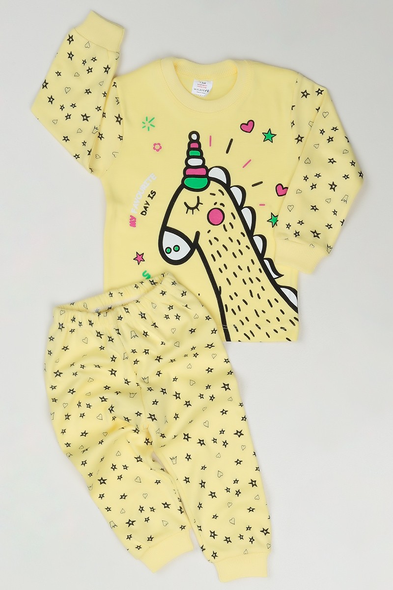 Sarı (1-3 Yaş) Unicorn Baskılı Kız Çocuk Pijama Takımı 84247