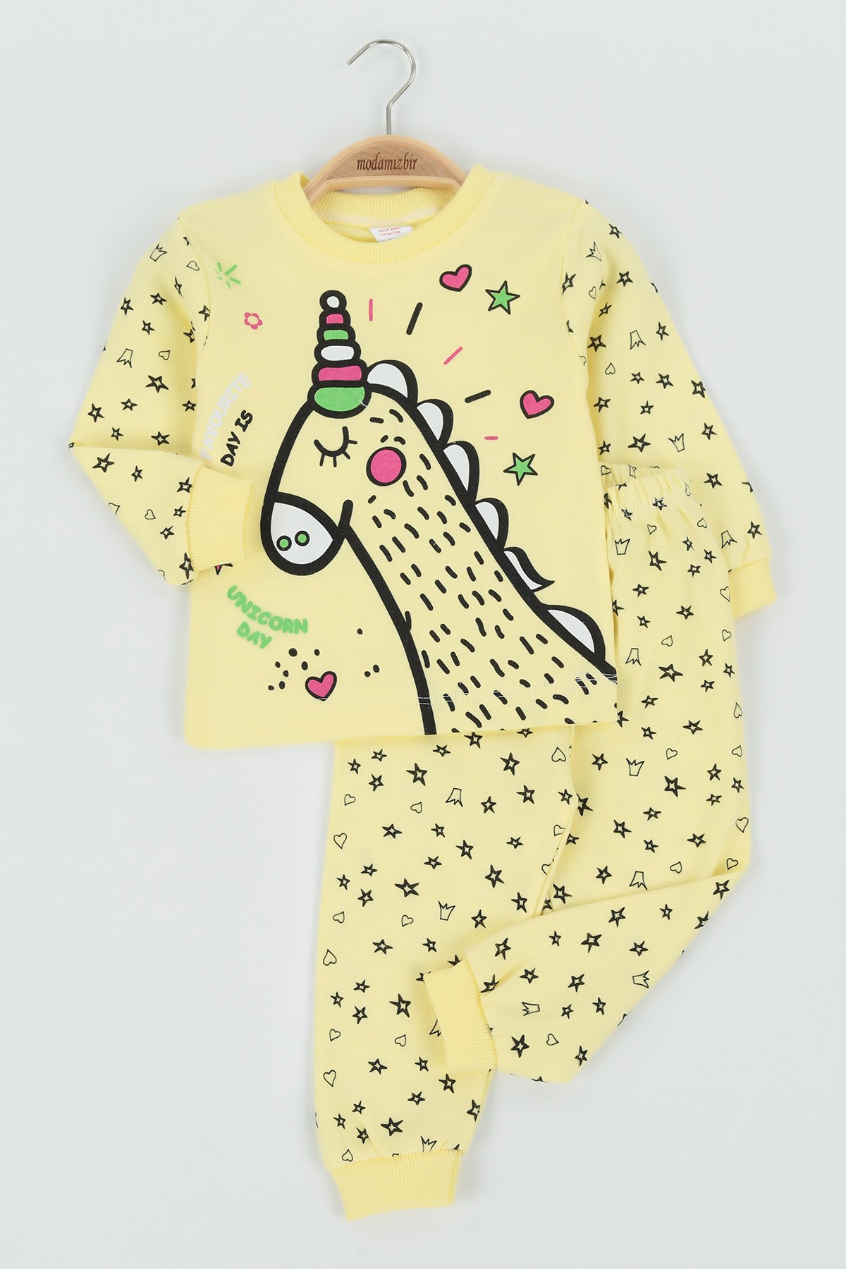 Sarı (1-3 Yaş) Yıldız Taçlı Baskılı Kız Çocuk Pijama Takım 132832