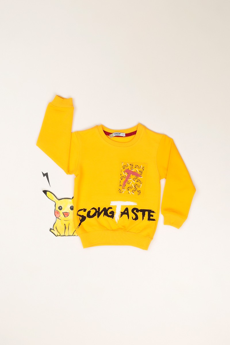Sarı ( 1-4 Yaş) Cepli Baskılı İçi Şardonlu Erkek Çocuk Sweatshirt 82534