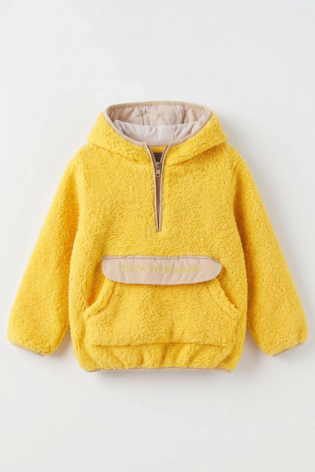 Sarı (1-8 Yaş)  Nakışlı Kapüşonlu Kanguru Cepli Yarım Fermuarlı Kuzu Kız &Bebek Çocuk Sweatshirt 497456