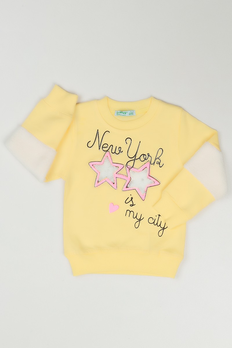 Sarı (1-4 Yaş) Peluşlu Yıldız Baskılı Kız Çocuk Sweatshirt 86138