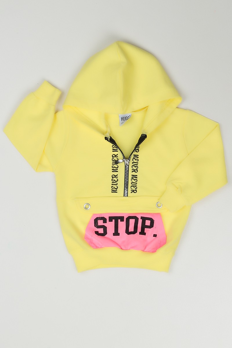 Sarı (1-4 Yaş) Stop Baskılı Yaka Fermuarlı Kız Çocuk Sweatshirt 85636