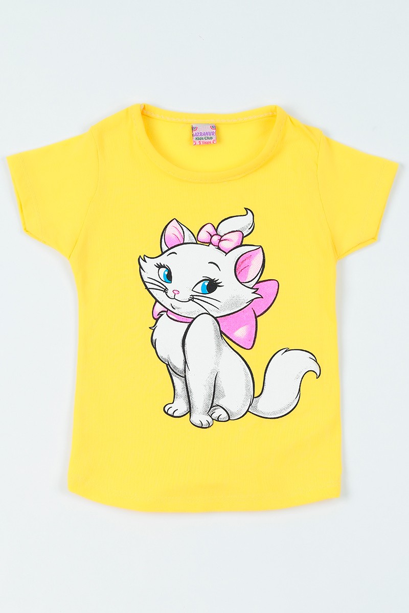 Sarı (1-6  yaş) Sevimli Kedi Baskılı Kız Çocuk Tişört 108373
