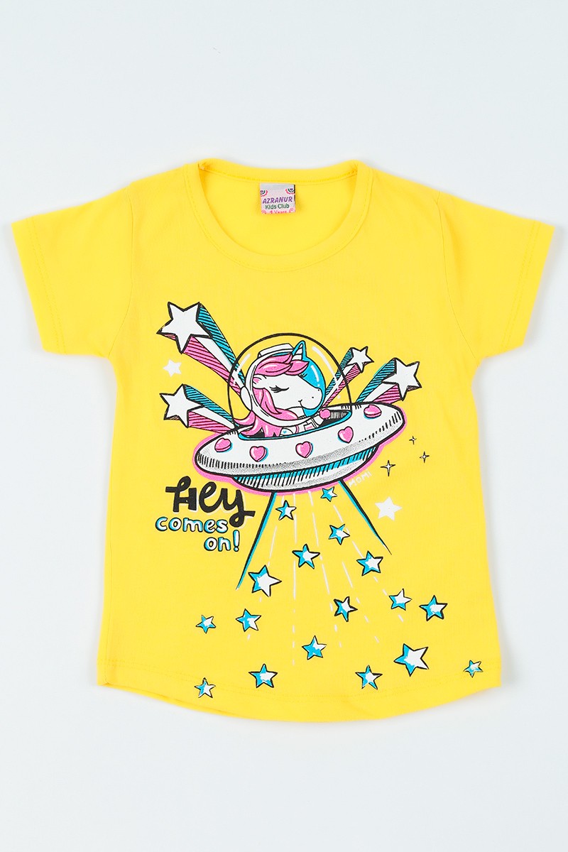 Sarı (1-6 yaş) Uzaylı At Baskılı Kız Çocuk Tişört 108418