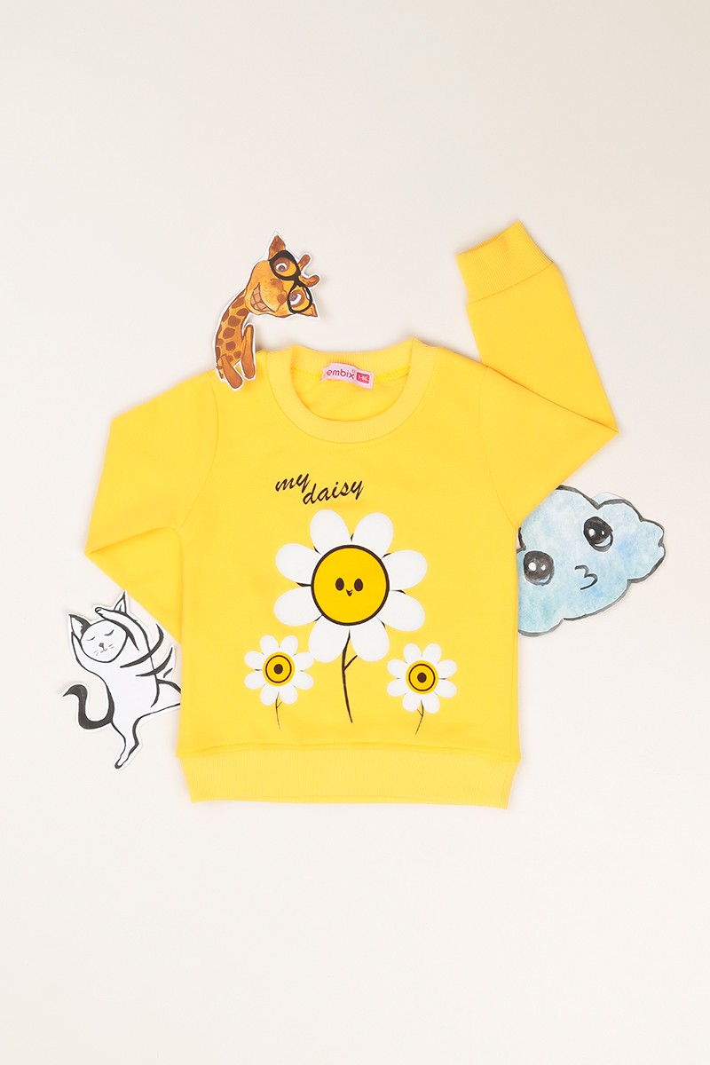 Sarı (1-8 Yaş) Çiçek Baskılı İçi Şardonlu Kız Çocuk Sweatshirt 81378