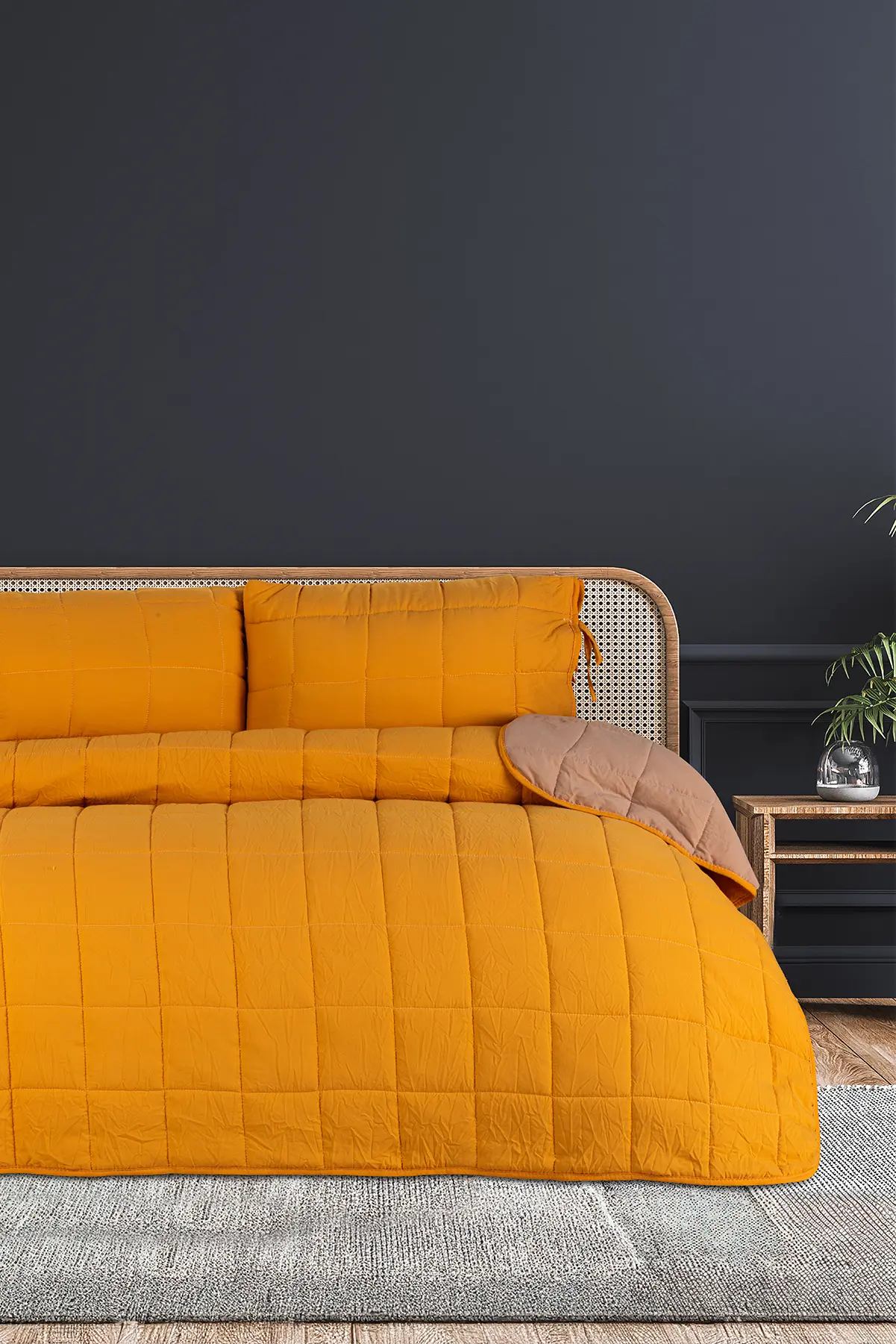 Sarı 190x225 cm Düz Renk Çift Taraflı Pamuklu Yatak Örtüsü Tek Kişilik 288831