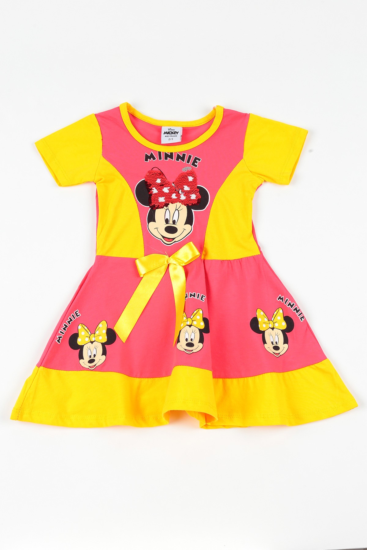 Sarı (2-10 yaş) Minnie Mouse Pul İşlemeli  Önü Kurdeleli Kız Çocuk Elbise 108681