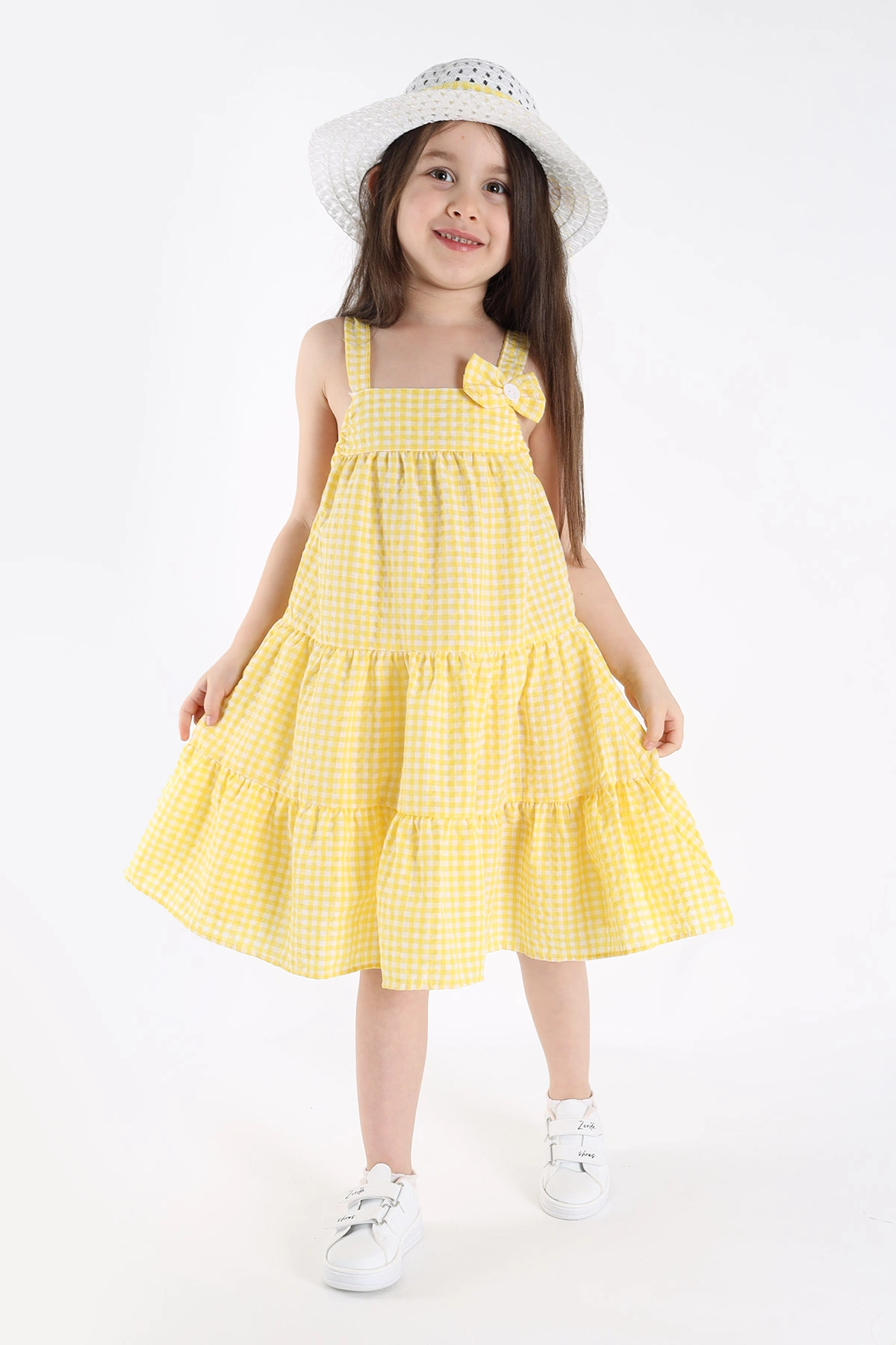 Sarı (3-10 Yaş) Fiyonklu Pötikare Desen Şapkalı Kız Çocuk Elbise 341683