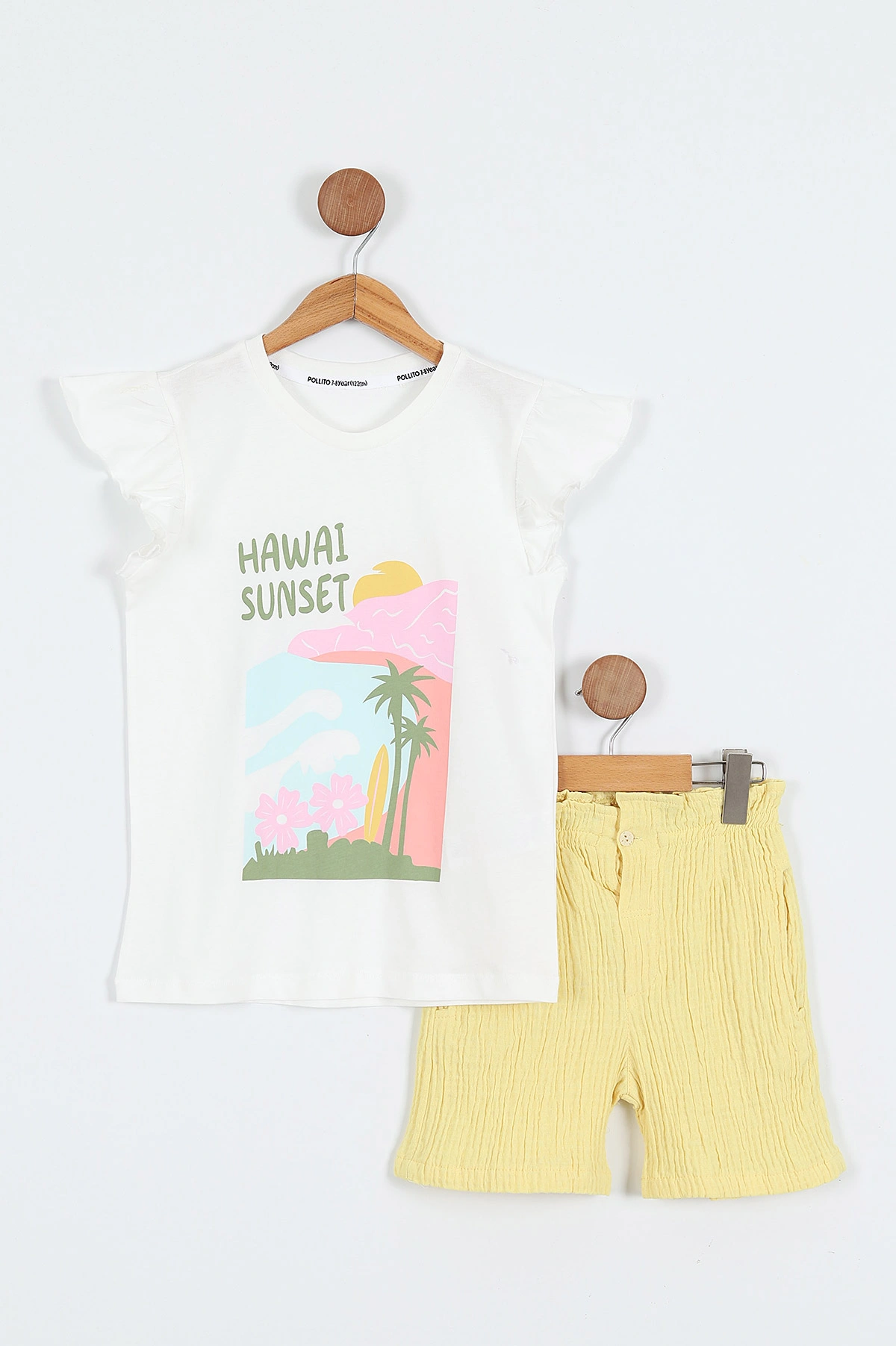 Sarı (3-10 Yaş)Hawaii Baskılı Müslin Keten Şortlu Kız Çocuk Takım 357325