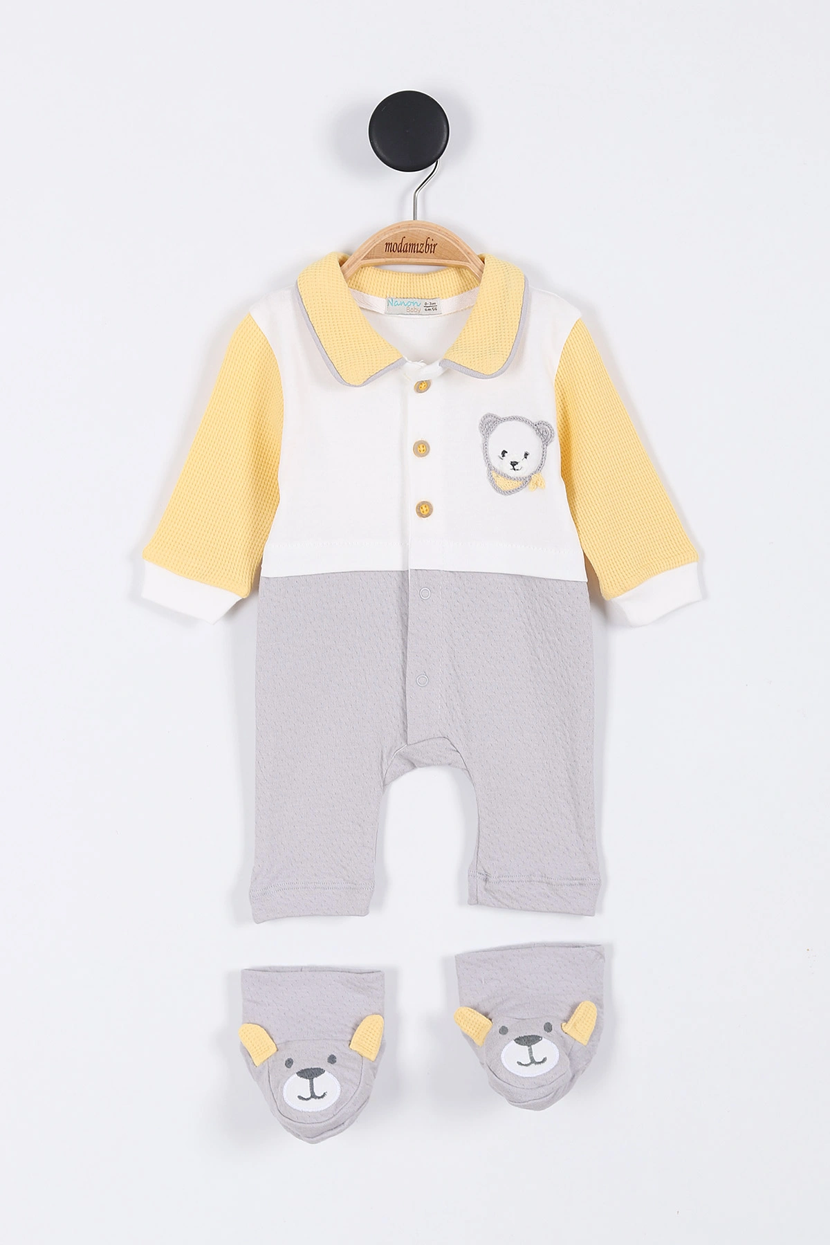 Sarı (3-12 Ay) Patikli Ayı Nakışlı  Erkek Bebek Tulum 304179