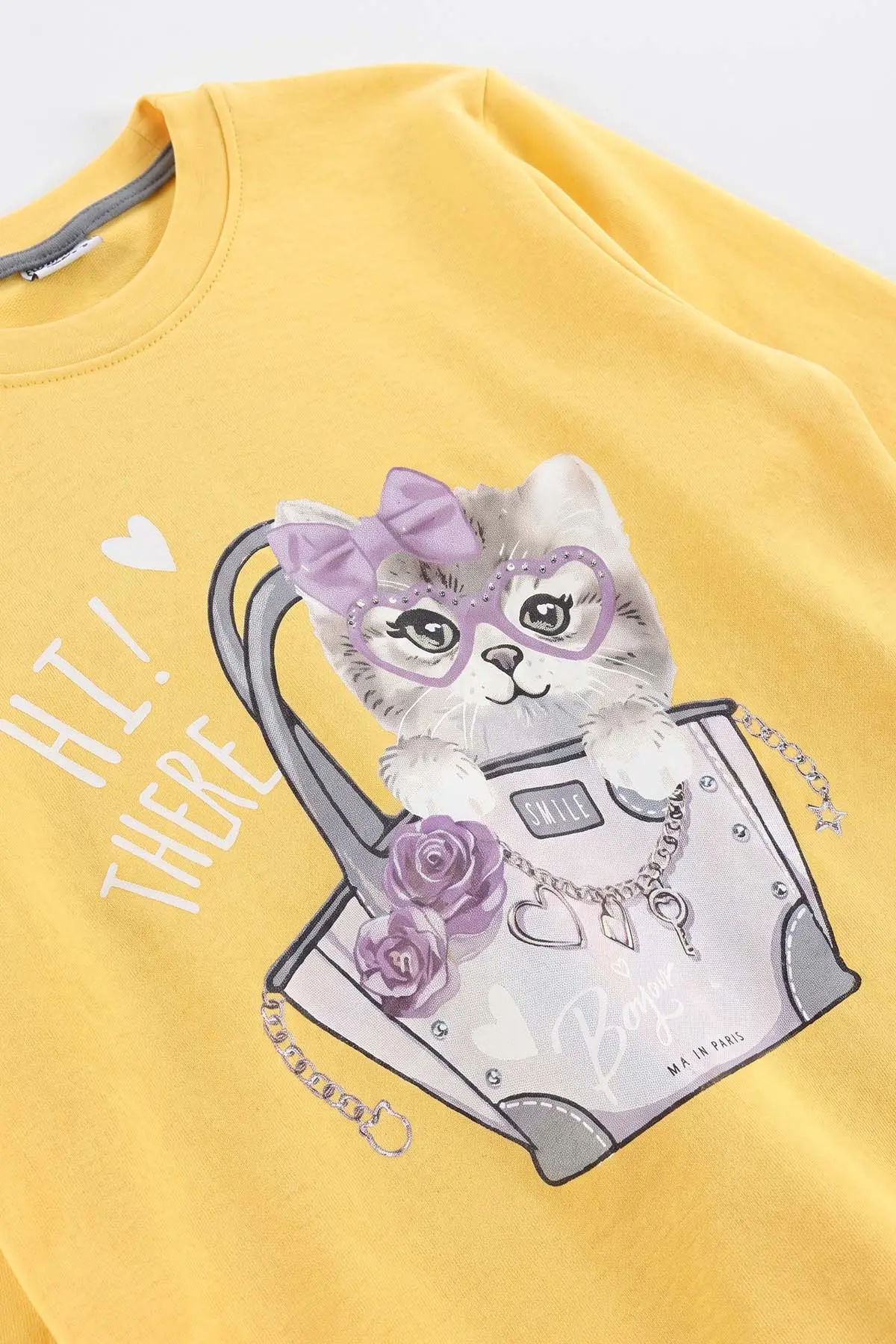 Sarı (3-15 Yaş) Kedi Baskılı Ribana Kumaş Kız Çocuk Pijama Takımı 477078