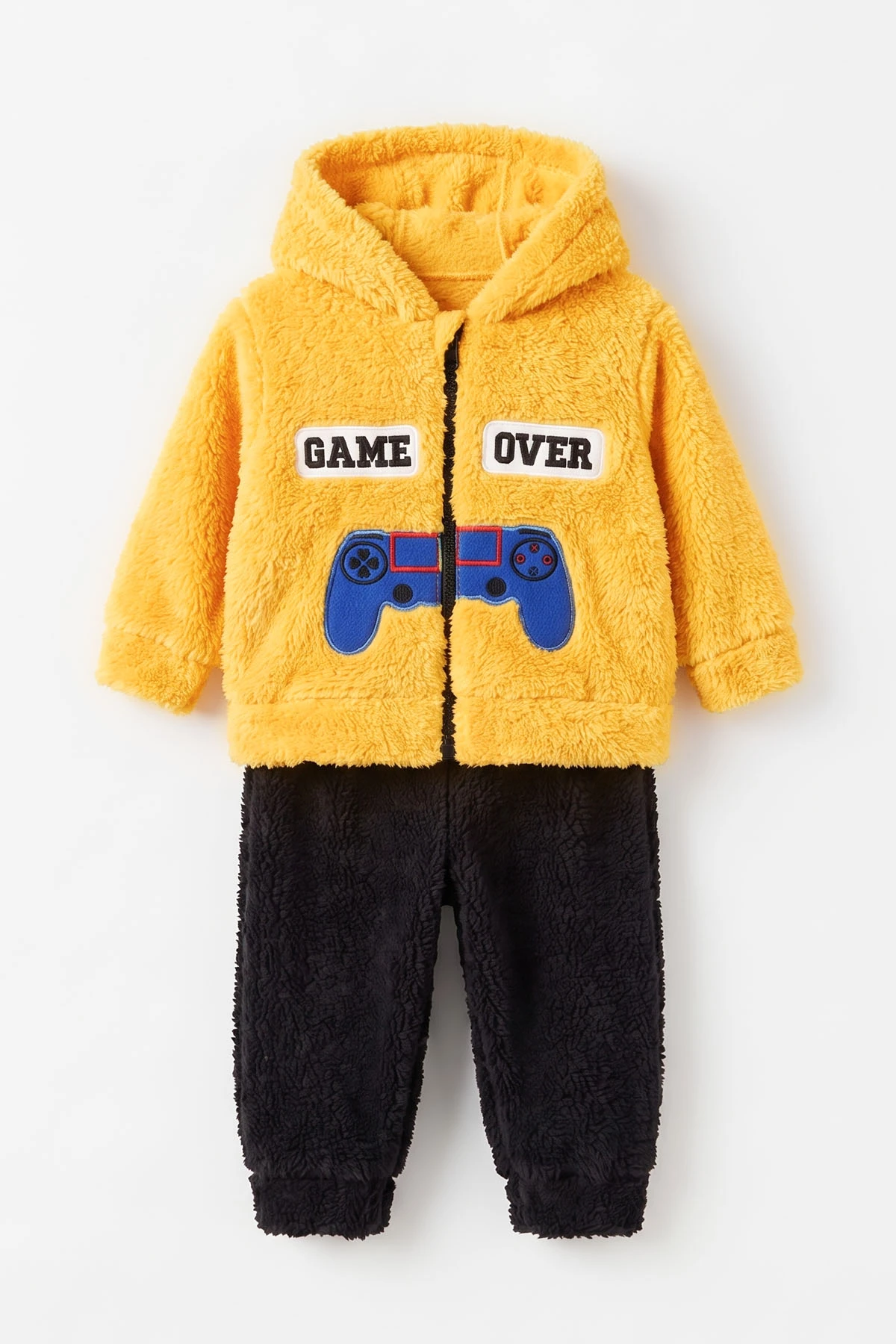 Sarı (3-24 Ay) Game Over Nakışlı Fermuarlı ve Kapüşonlu Erkek Bebek Peluş Takım 497125