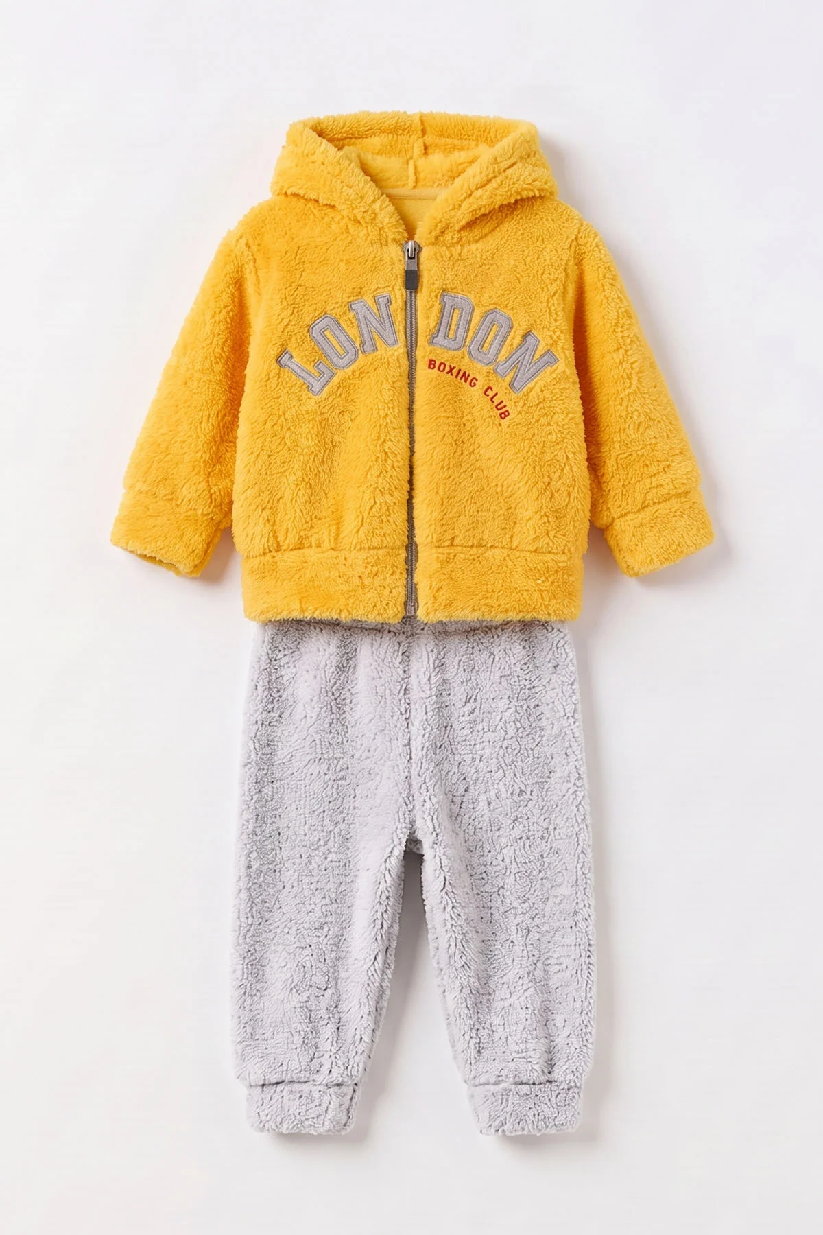 Sarı (3-24 Ay) London Nakışlı Hırkalı Peluş Erkek Bebek 2'li Takım 498183