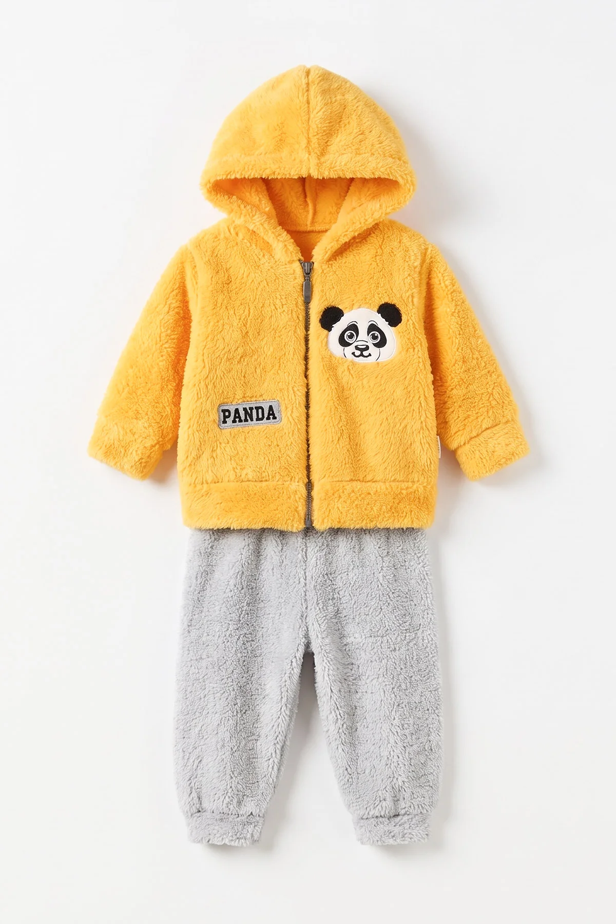 Sarı (3-24 Ay) Panda Nakışlı Fermuarlı ve Kapüşonlu Erkek Bebek Peluş Takım 497031