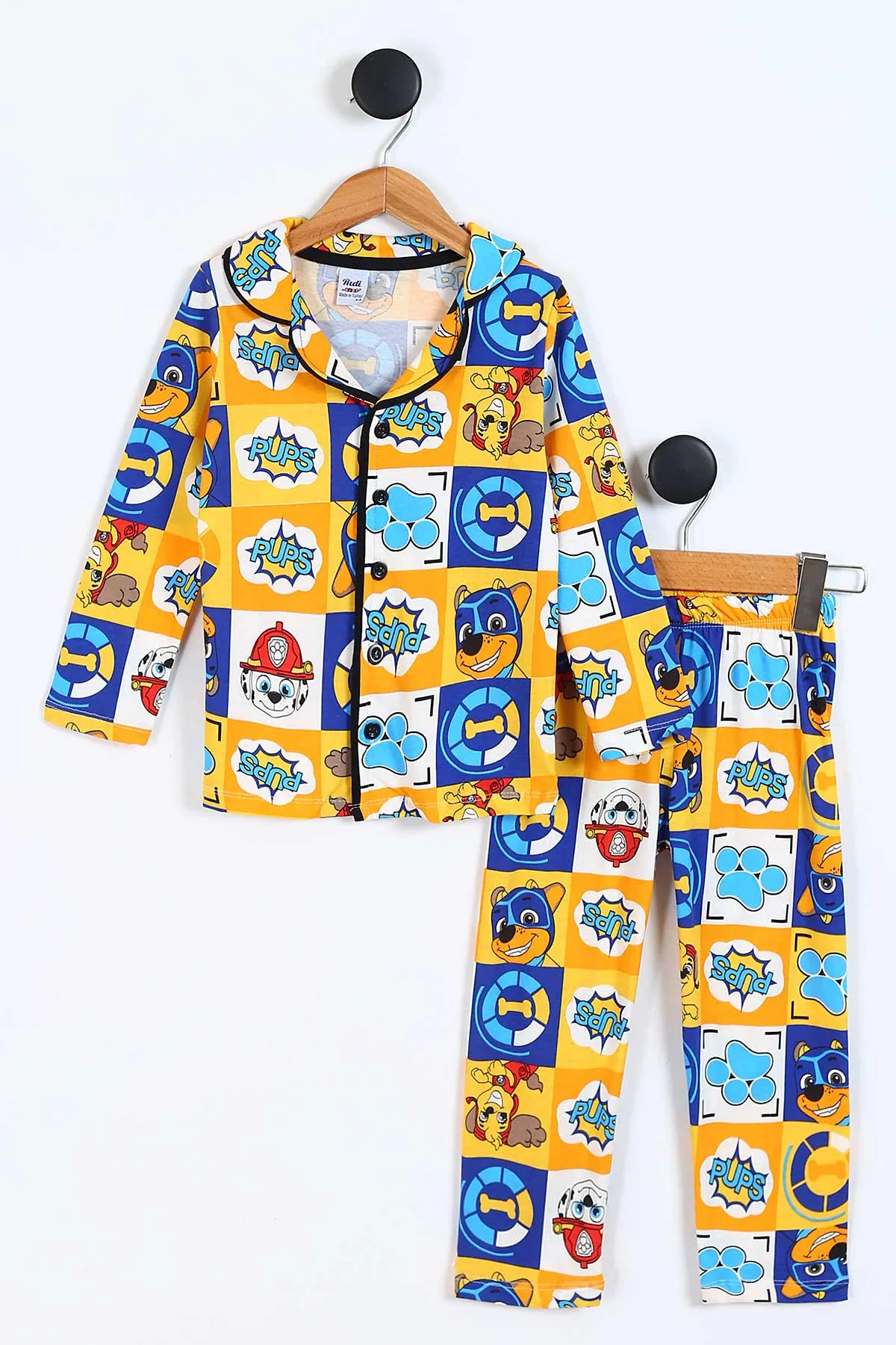 Sarı (3-8 Yaş)Pati  Baskılı Ön Düğmeli Erkek Çocuk Pijama Takım 337872