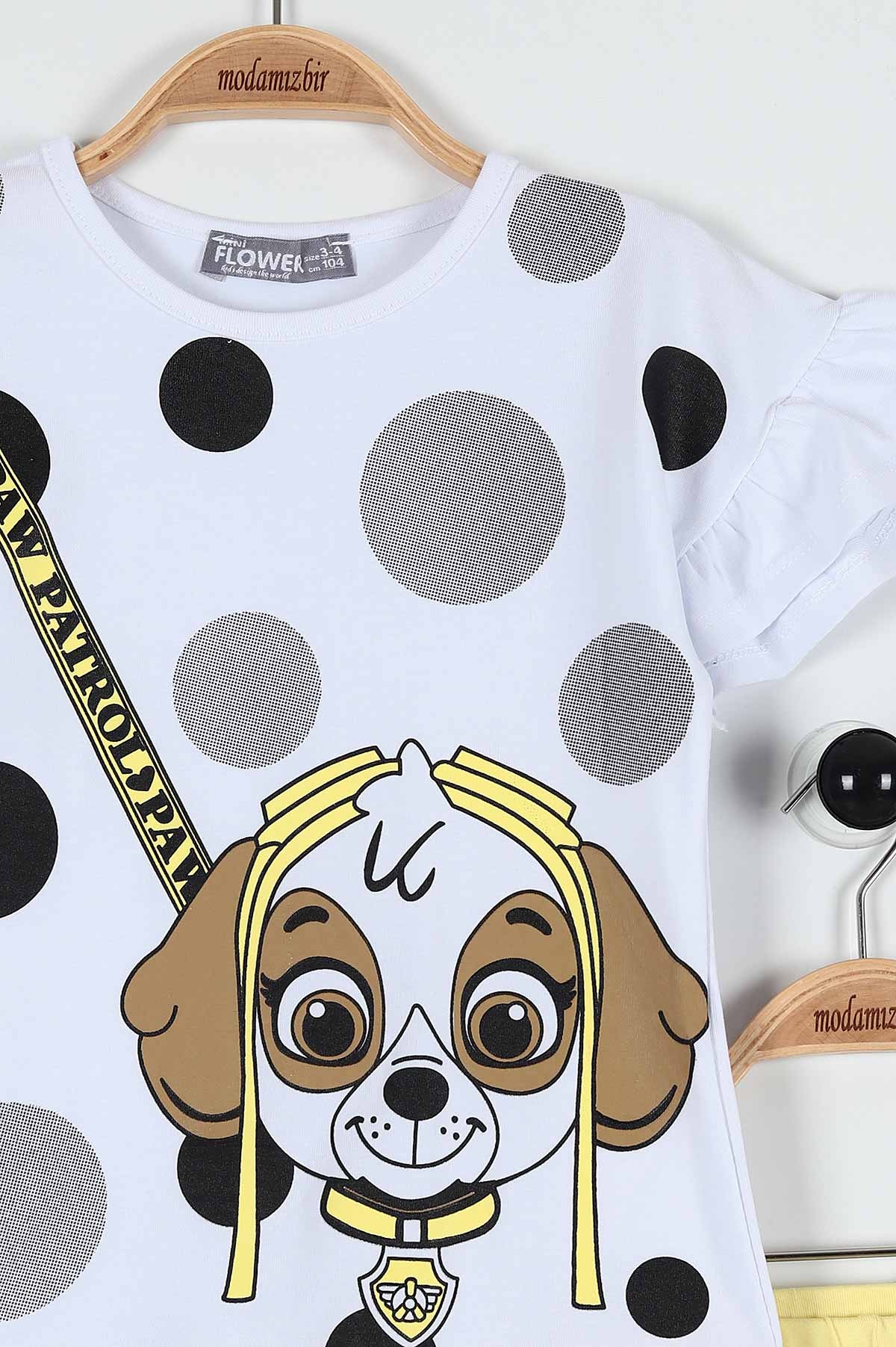 Sarı (4-8 Yaş) Gözlüklü Köpek Baskılı Taytlı Kız Çocuk Takım 183496