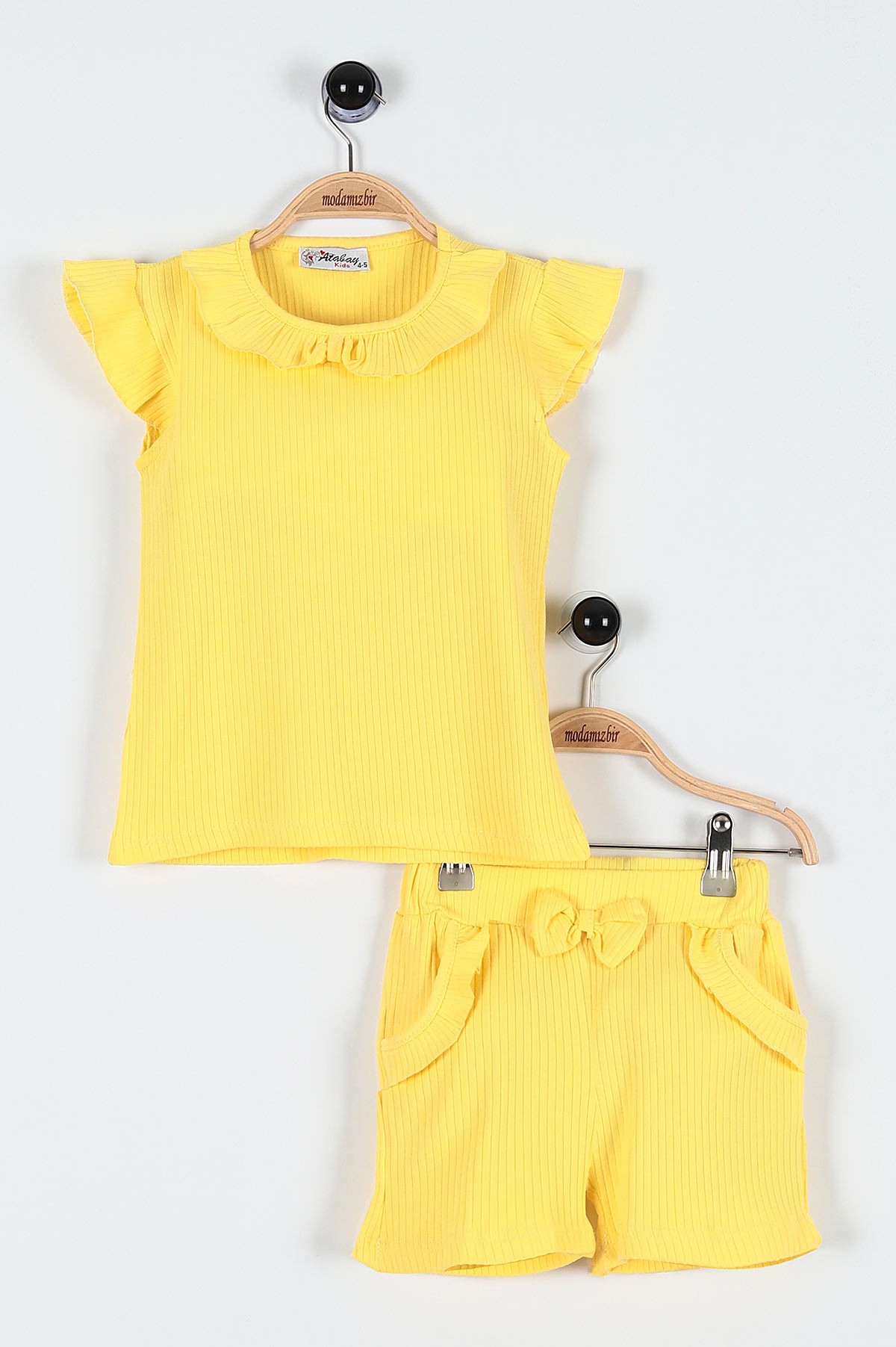 Sarı (5-8 Yaş) Fiyonklu Fitilli Yaka Cep Detaylı Şortlu Kız Bebe Takım 184809