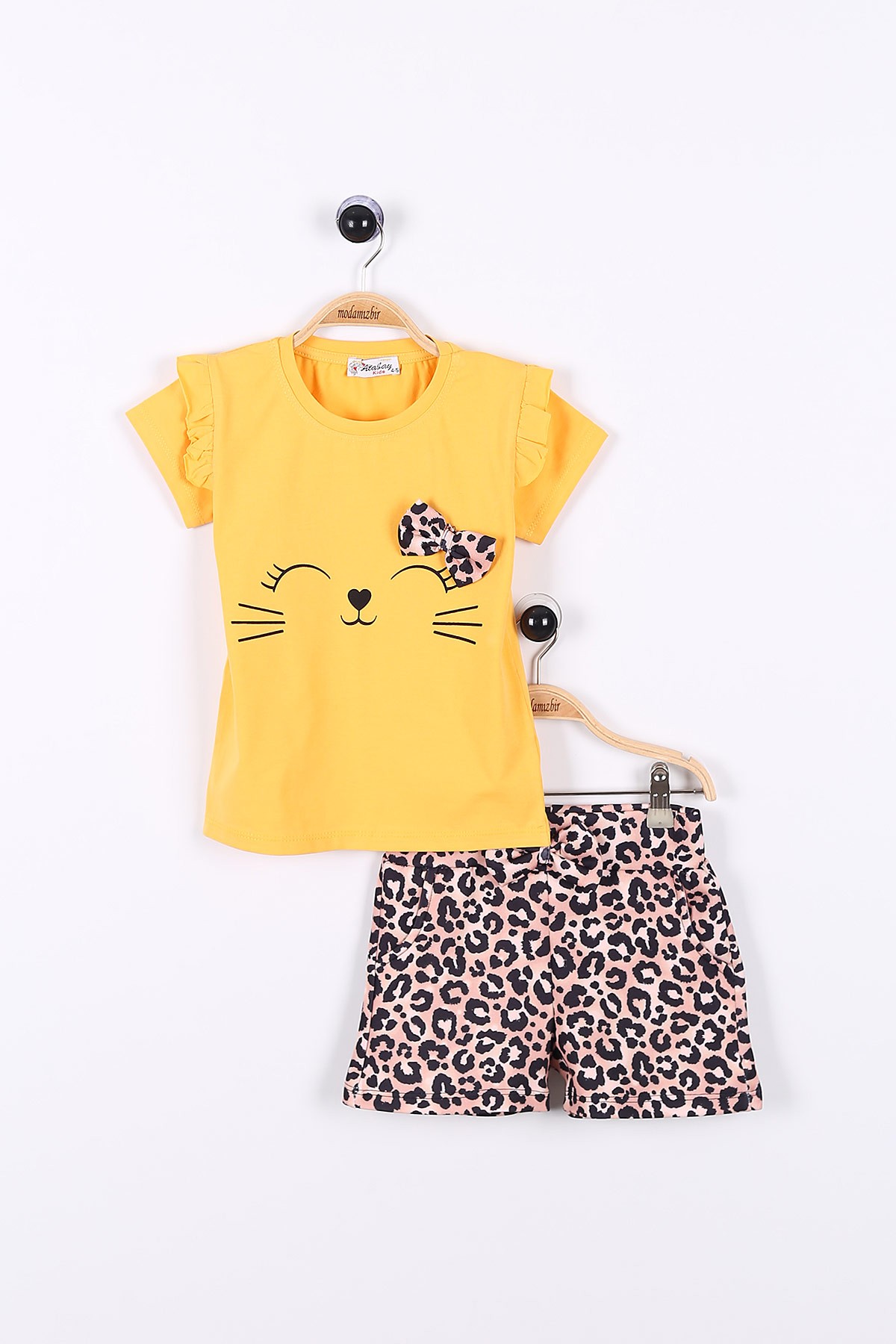Sarı (5-8 Yaş) Kedi Baskılı Leopar Desenli Kız Çocuk Şortlu Takım 175002