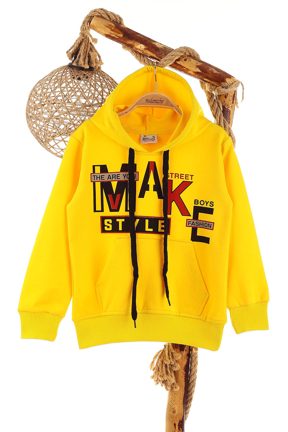 Sarı (5-8 Yaş) Make Baskılı Kapüşonlu Erkek Çocuk Sweat 152693