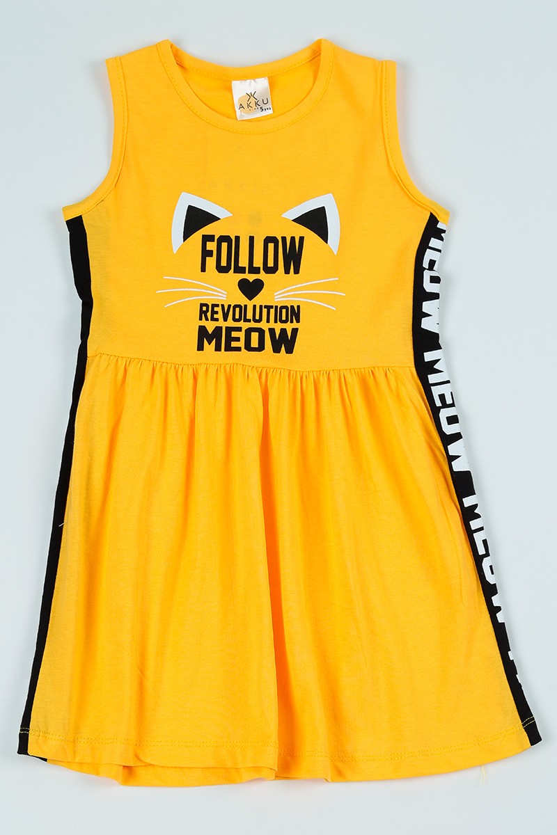 Sarı (5-8 Yaş) Meow Baskılı Kız Çocuk Elbise 97681