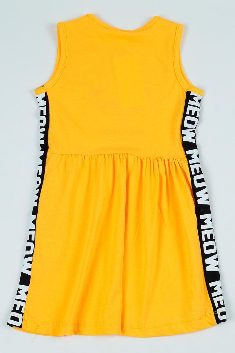 Sarı (5-8 Yaş) Meow Baskılı Kız Çocuk Elbise 97681