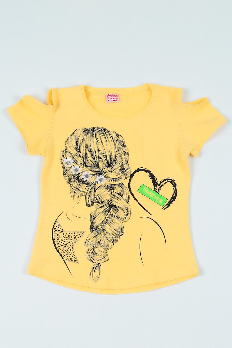 Sarı (5-8 yaş) Omuz Detay Taş İşlemeli Kız Çocuk Tişört 106192