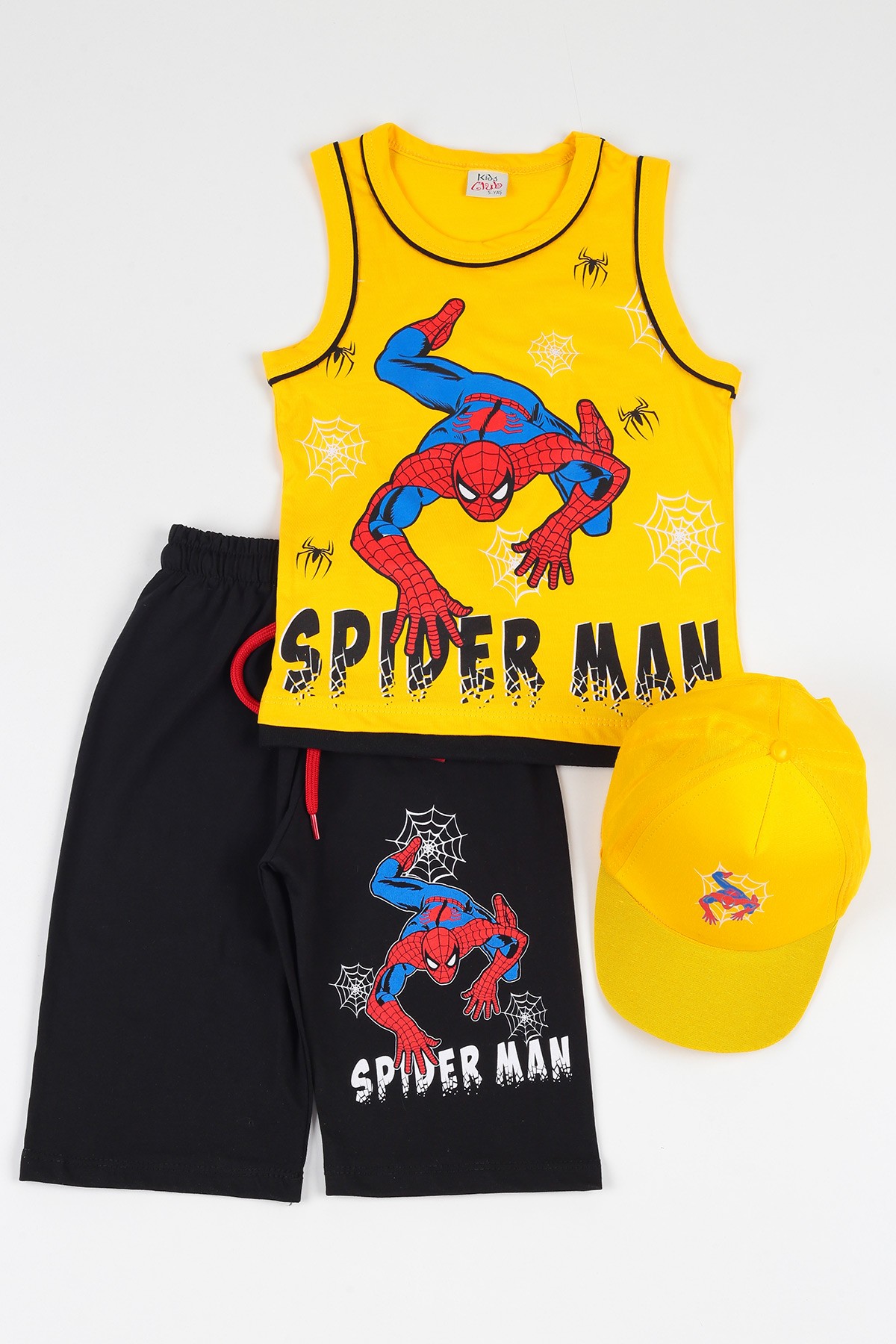 Sarı (5-8 yaş) Şapkalı Spıderman Baskılı  Erkek Çocuk Kaprili Takım 112394