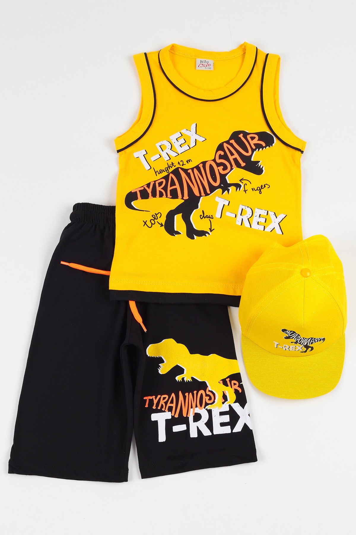 Sarı (5-8 yaş) Şapkalı T-rex Baskılı Erkek Çocuk Kaprili Takım 112382