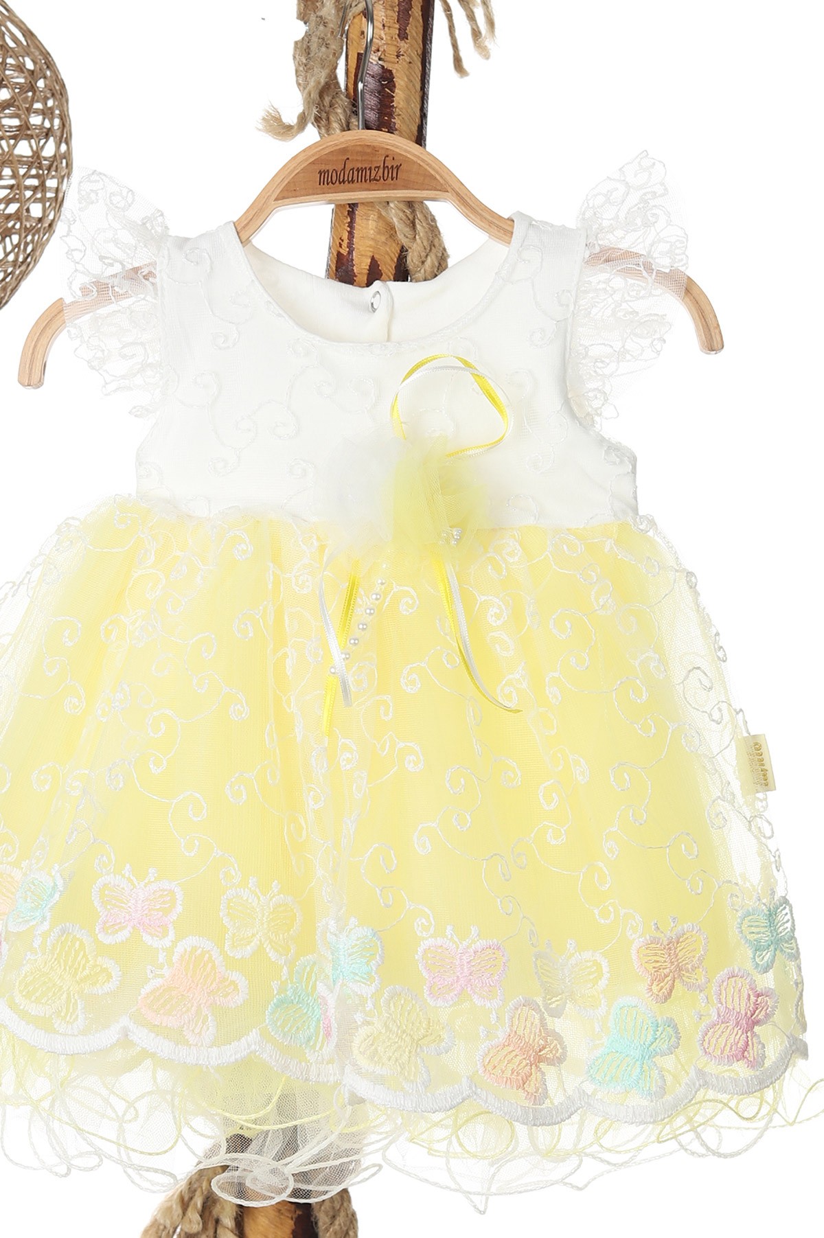 Sarı (6-18 Ay) Kelebek Nakışlı İncili Taş Detaylı Tüllü Kız Bebe Elbise 167899