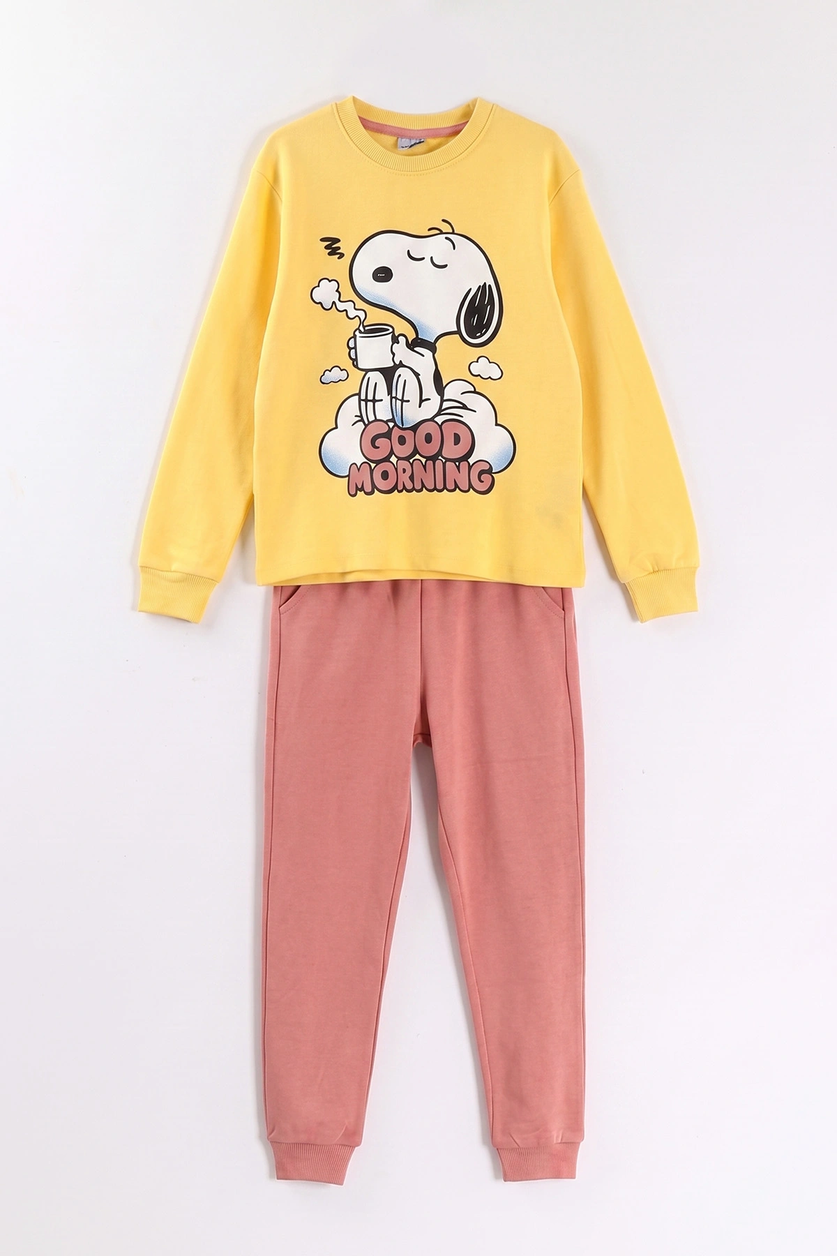 Sarı (7-11 Yaş) Good Morning Baskılı Ribana Kumaş Kız Çocuk Pijama Takımı 477073