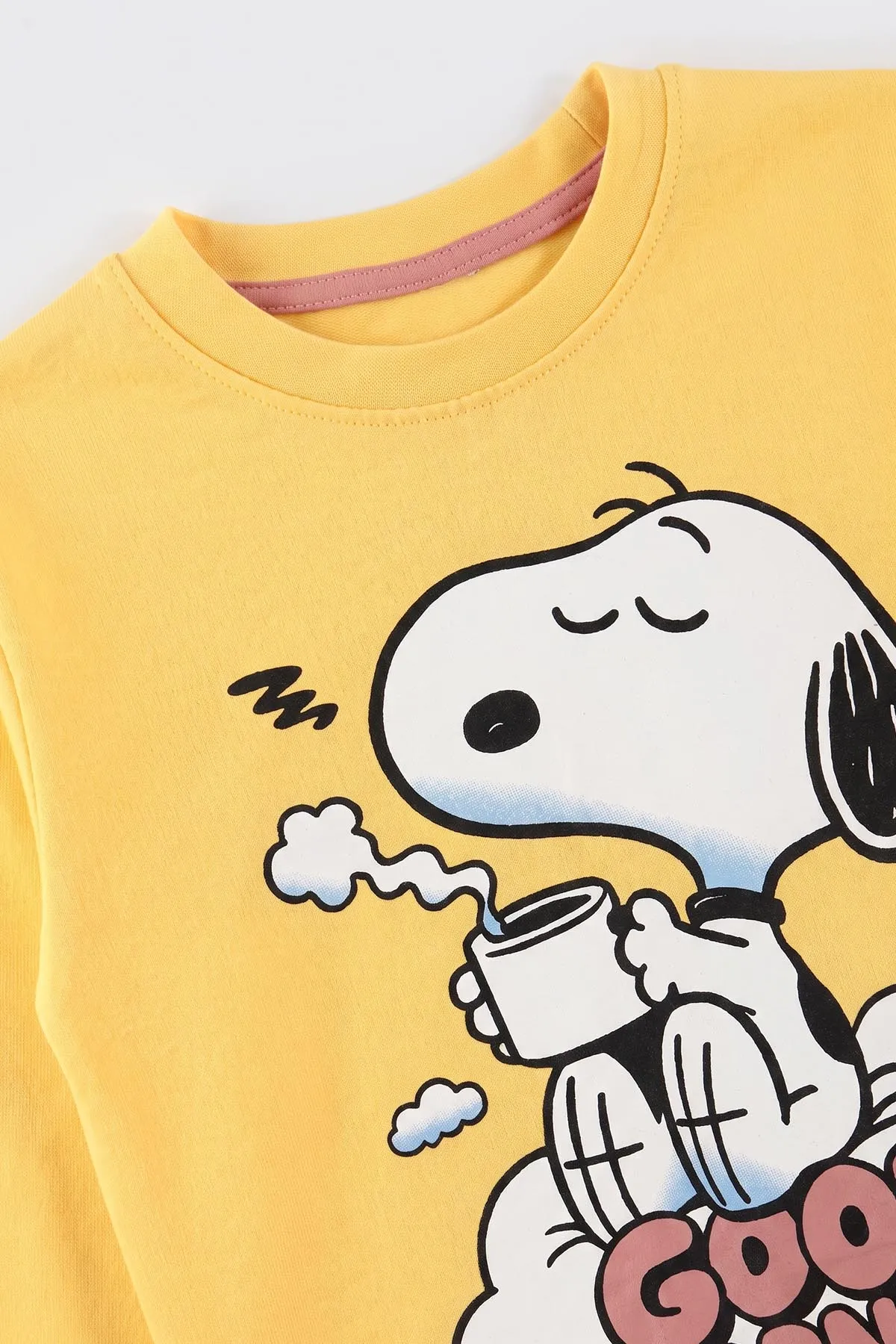 Sarı (7-11 Yaş) Good Morning Baskılı Ribana Kumaş Kız Çocuk Pijama Takımı 477073