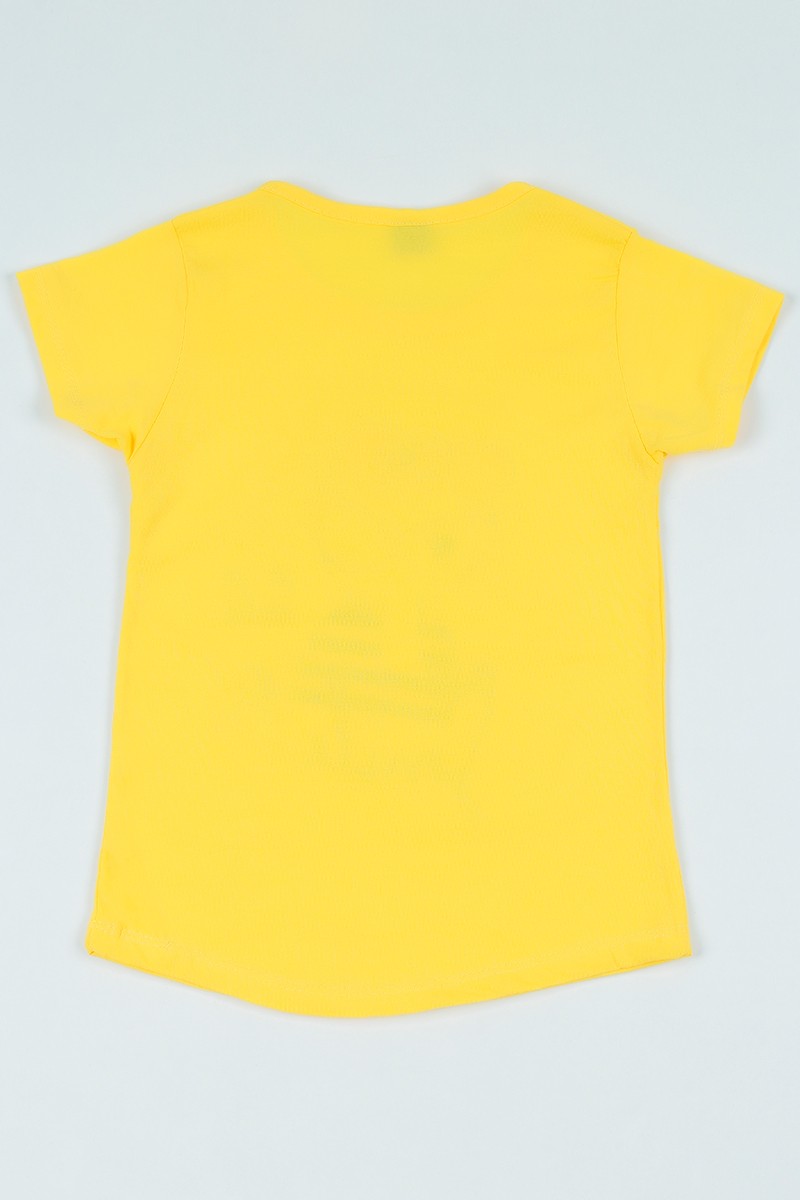 Sarı (7-12 yaş) Gözlüklü Kedi Baskılı Kız Çocuk Tişört 106963