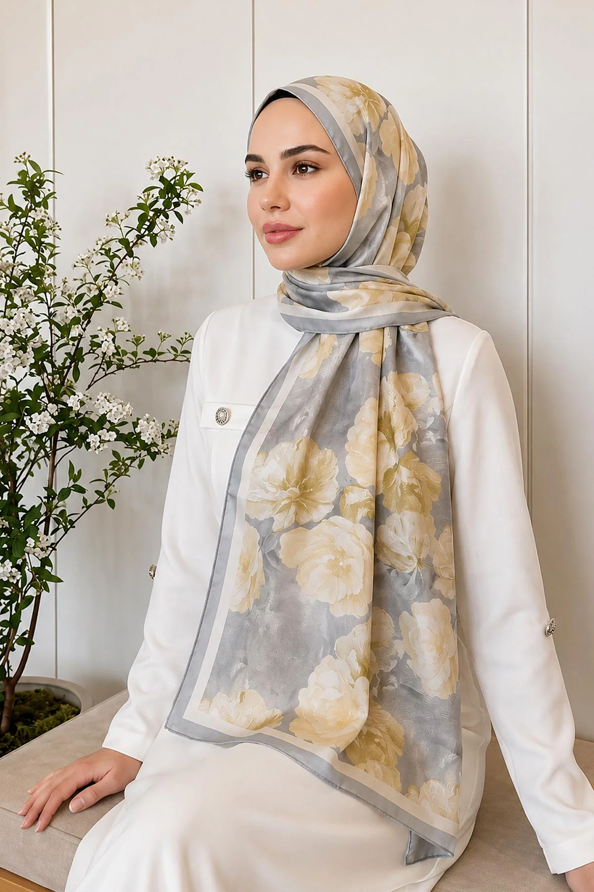 Sarı 70x180 Cm Dijital Baskılı Çiçek Desen Soft Şal 482114