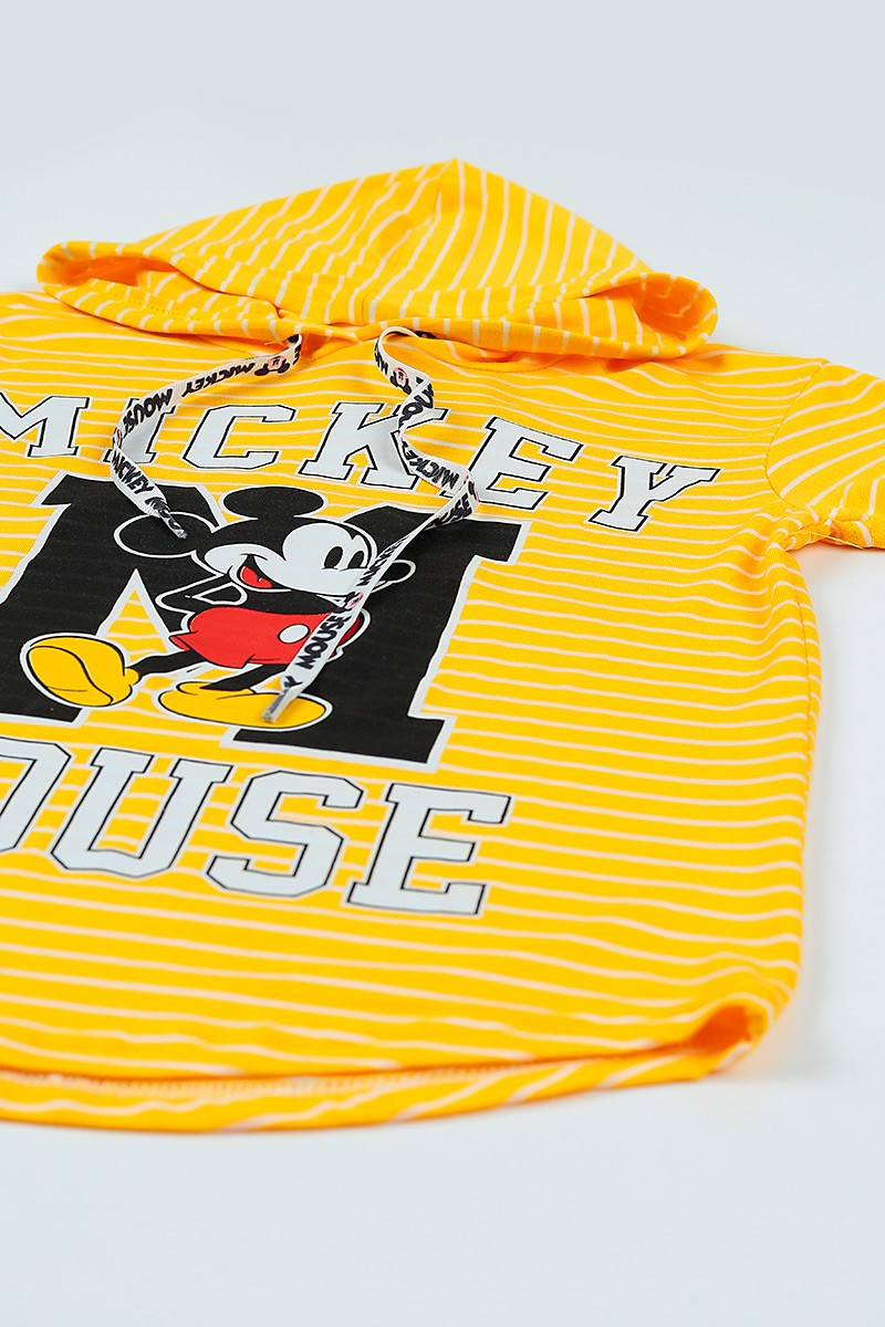 Sarı (9-12 yaş) Kapşonlu Mickey Mouse Baskılı Kız Çocuk Tişört 105690