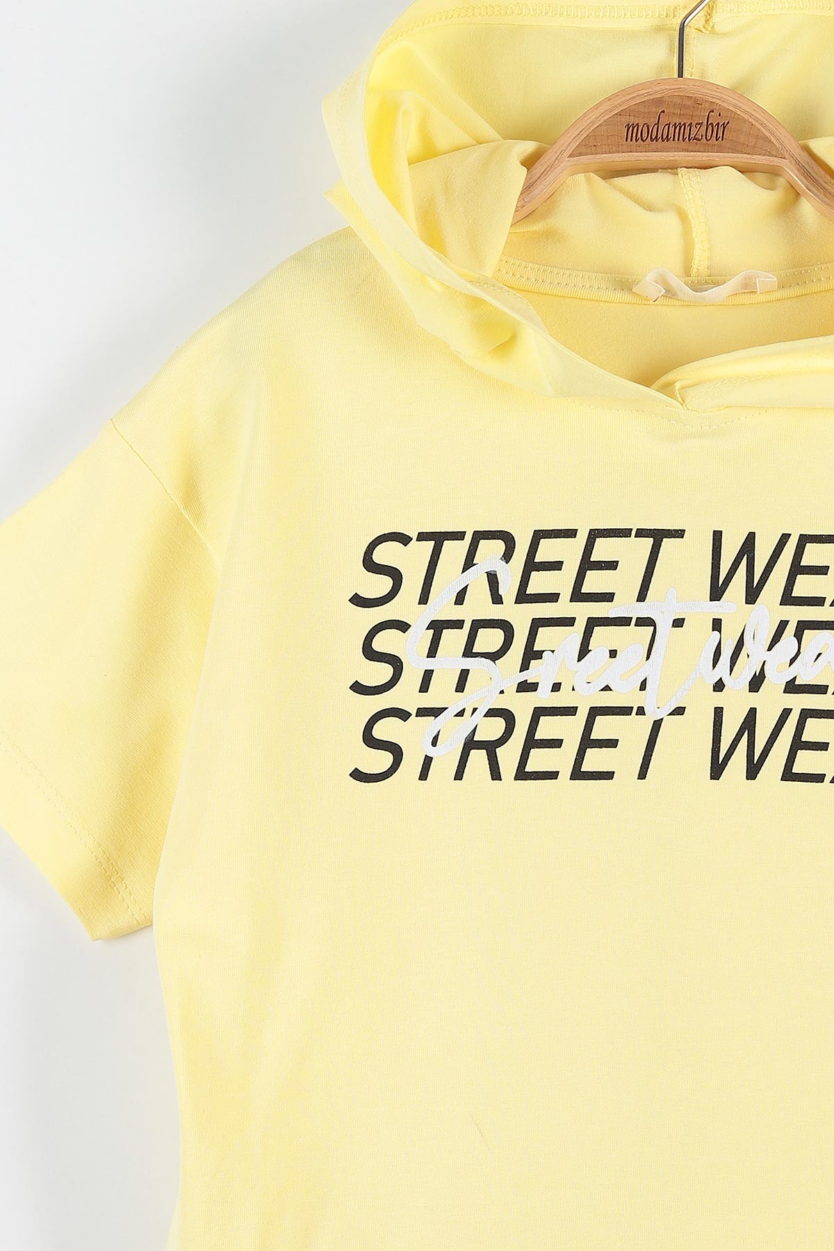 Sarı (9-12 Yaş) Street Wear Baskılı Kapüşon Detaylı Kız Çocuk Takım 176955