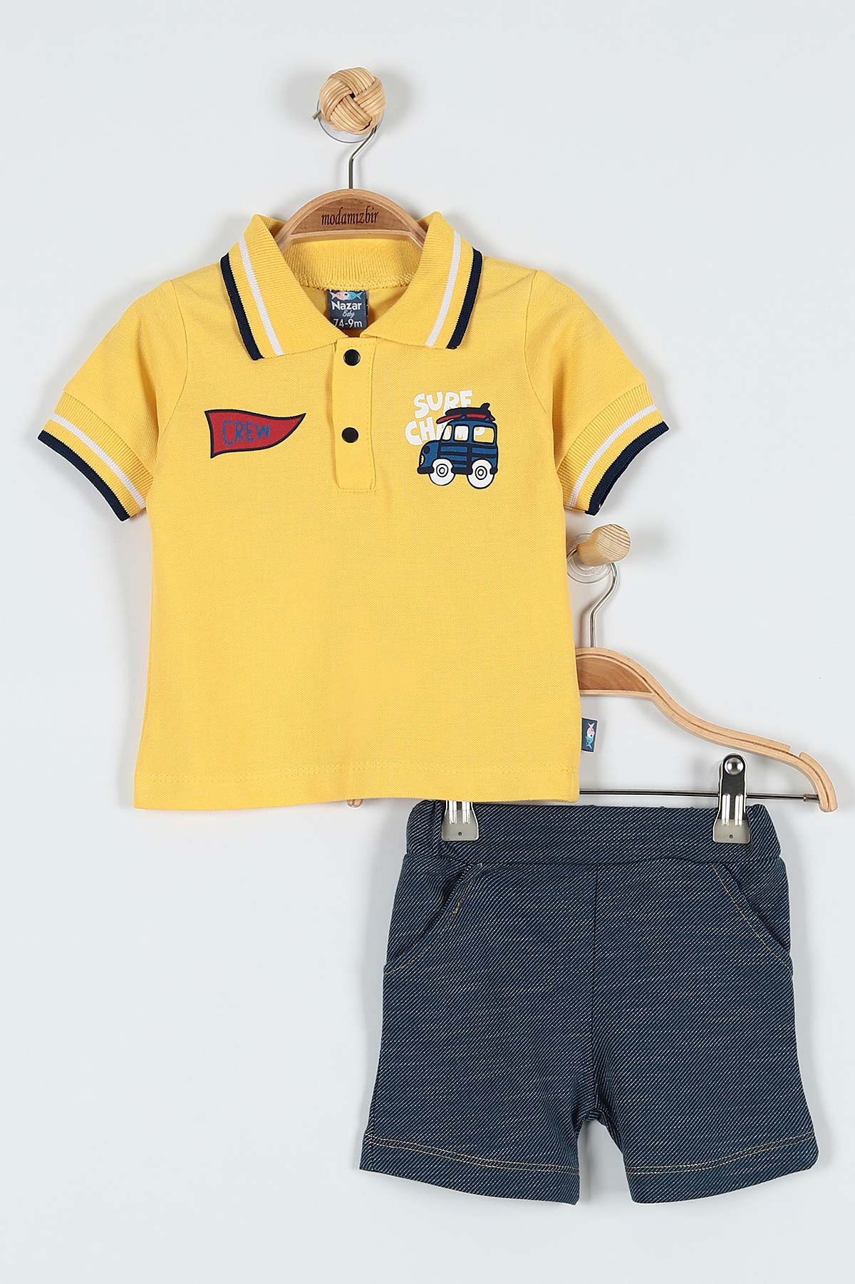 Sarı (9-24 Ay) Crew Surf Baskılı Şortlu Erkek Bebe Takım 182589