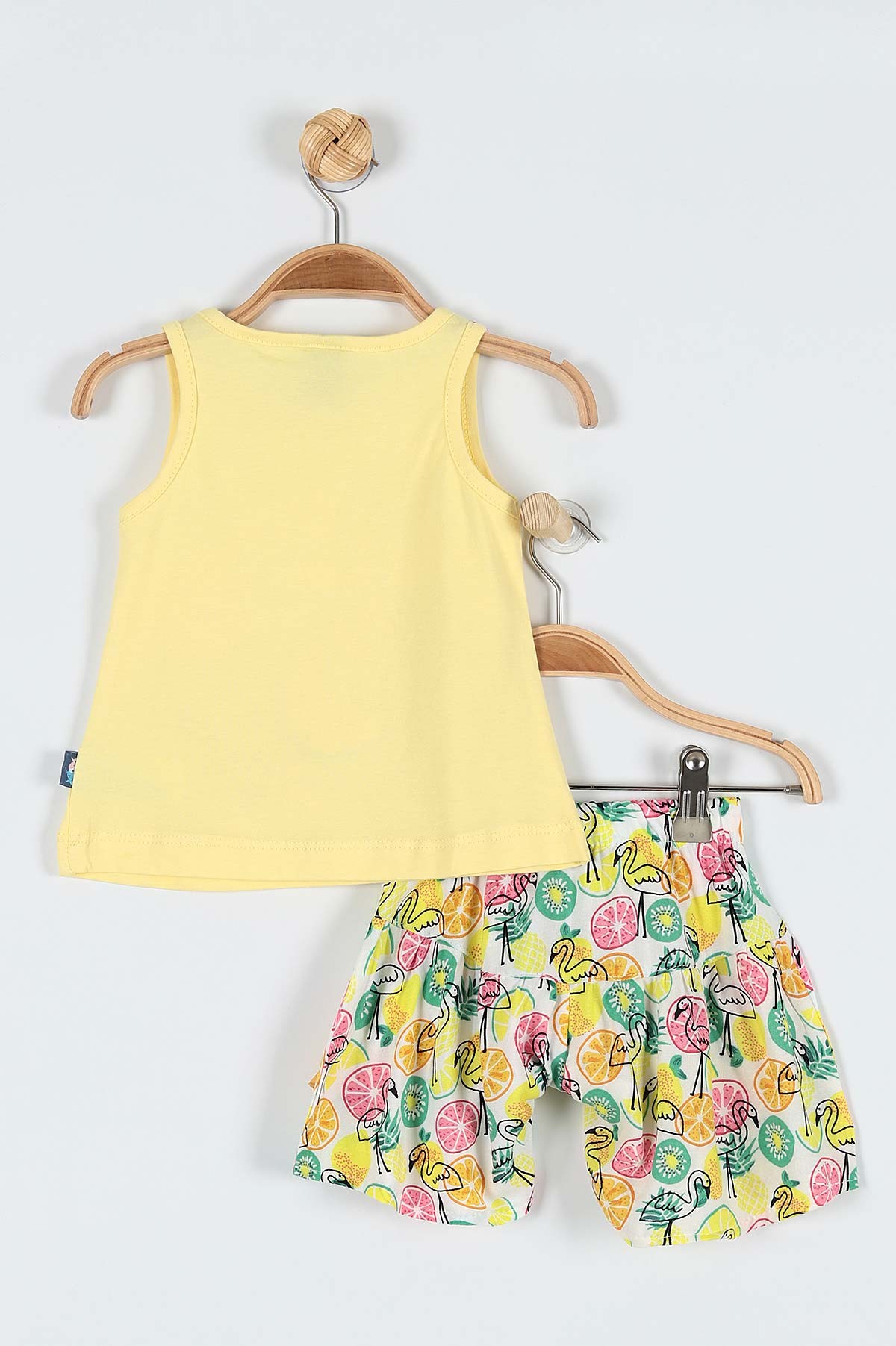 Sarı (9-24 Ay) Flamingo Çiçek Baskılı Omuz Fiyonk Detaylı Şortlu Kız Bebe Takım 182604