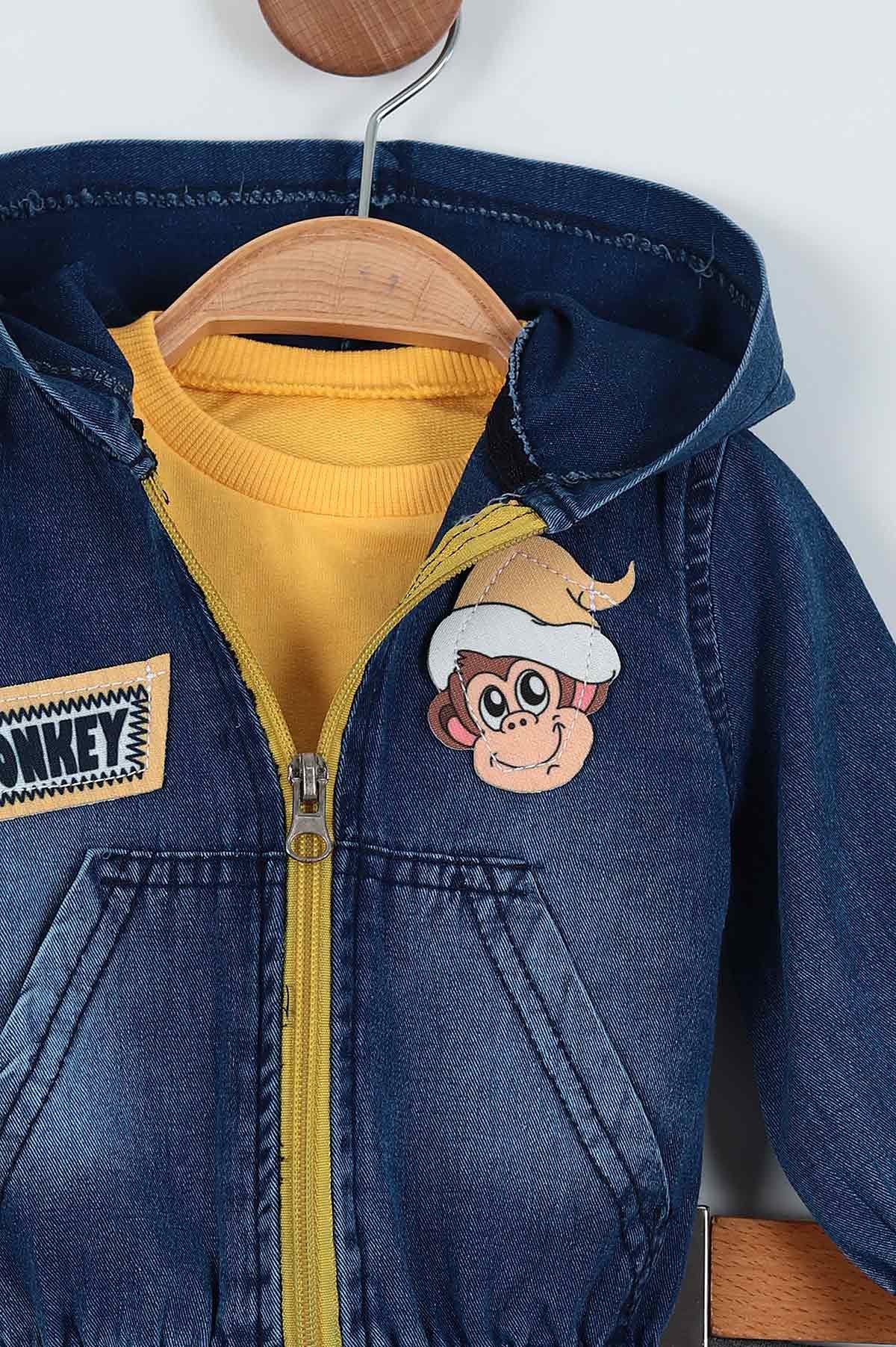 Sarı (9-24 Ay) Kanguru Cep Detaylı Üçlü Kot Erkek Bebe Takım 222874
