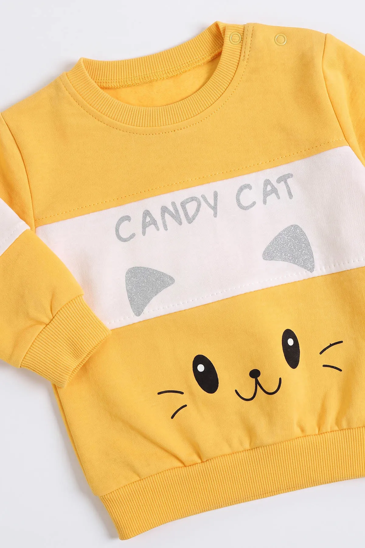 Sarı (9-24  Ay)  Kedi Baskılı   Lastikli Paça Penye  Kız Bebek Takım 480178