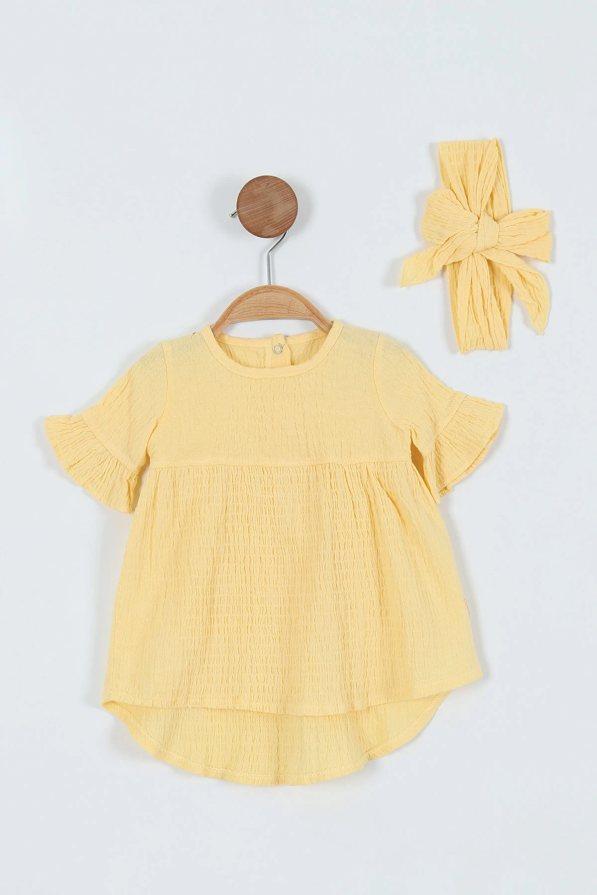 Sarı (9-24 Ay) Müslin Kumaş Bebe Yaka Bandanalı Kız Bebek Takım 263830