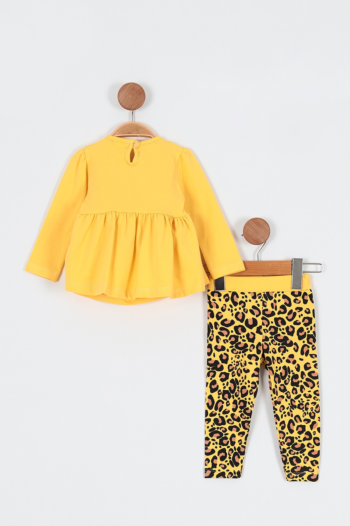 Sarı (9-36 Ay) Fiyonk Motifli Fare Baskılı Leoparlı Kız Bebe Takım 198435