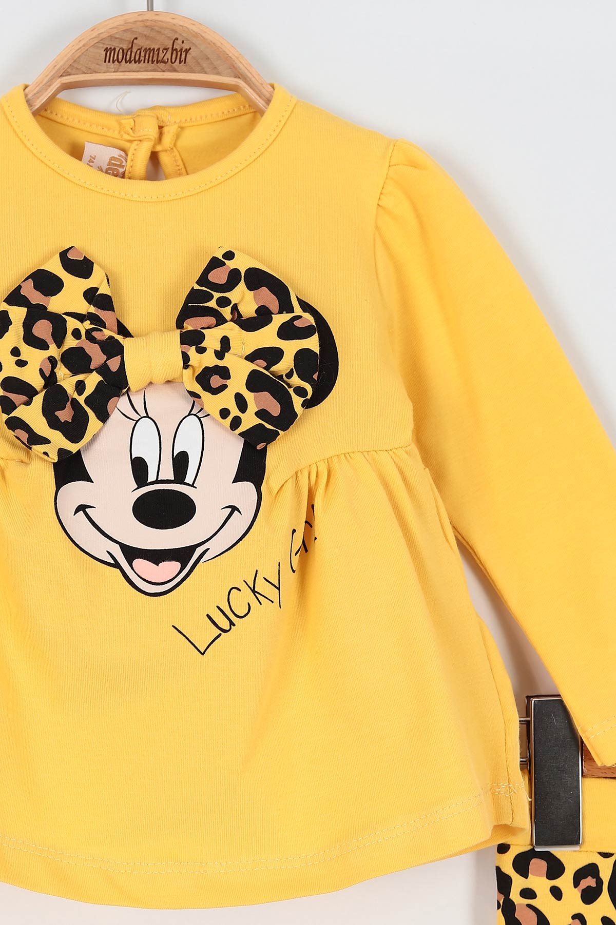 Sarı (9-36 Ay) Fiyonk Motifli Fare Baskılı Leoparlı Kız Bebe Takım 198435