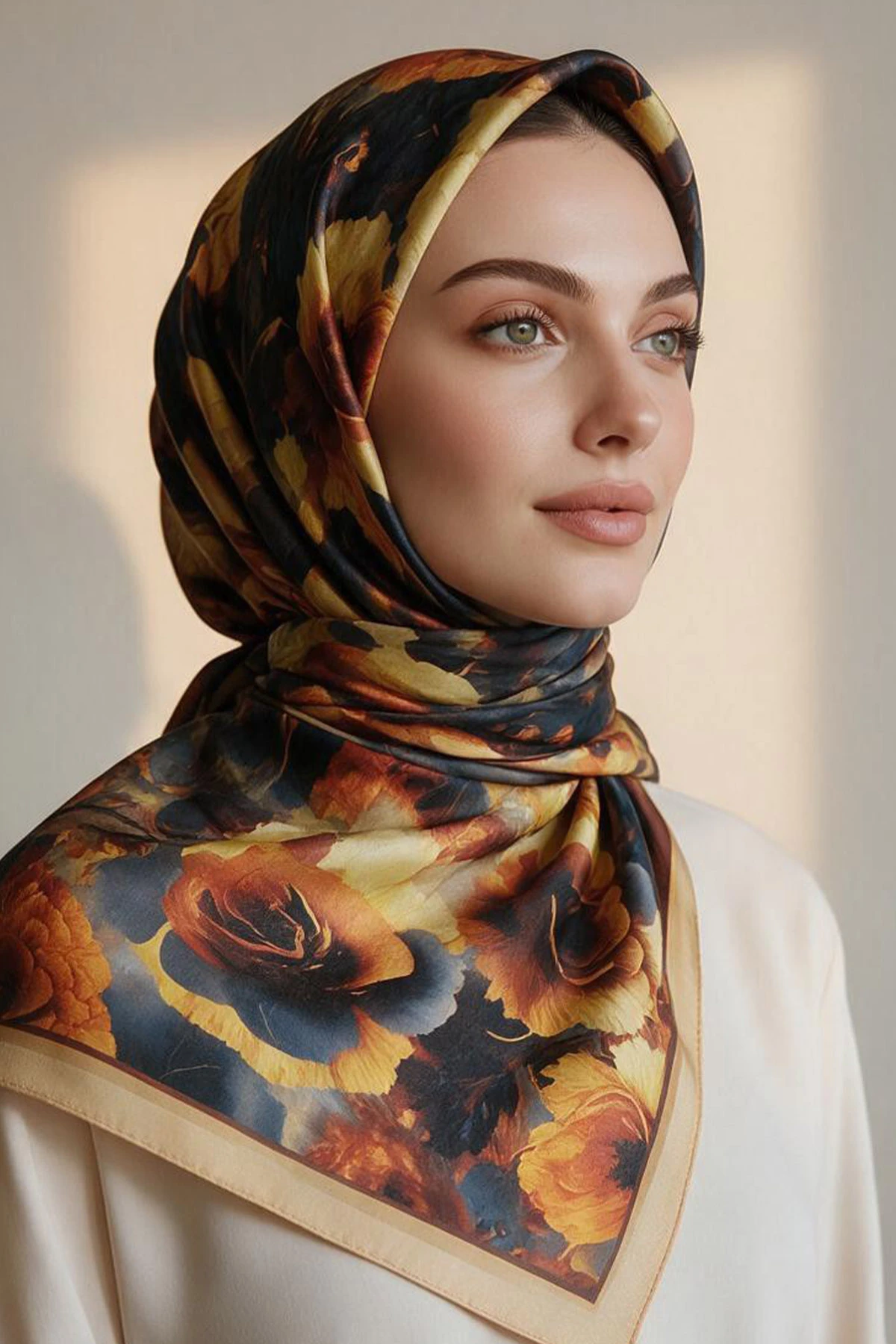 Sarı 90x90 Cm Dijital Baskılı Fiore Desen Kutulu Twill Eşarp 500886
