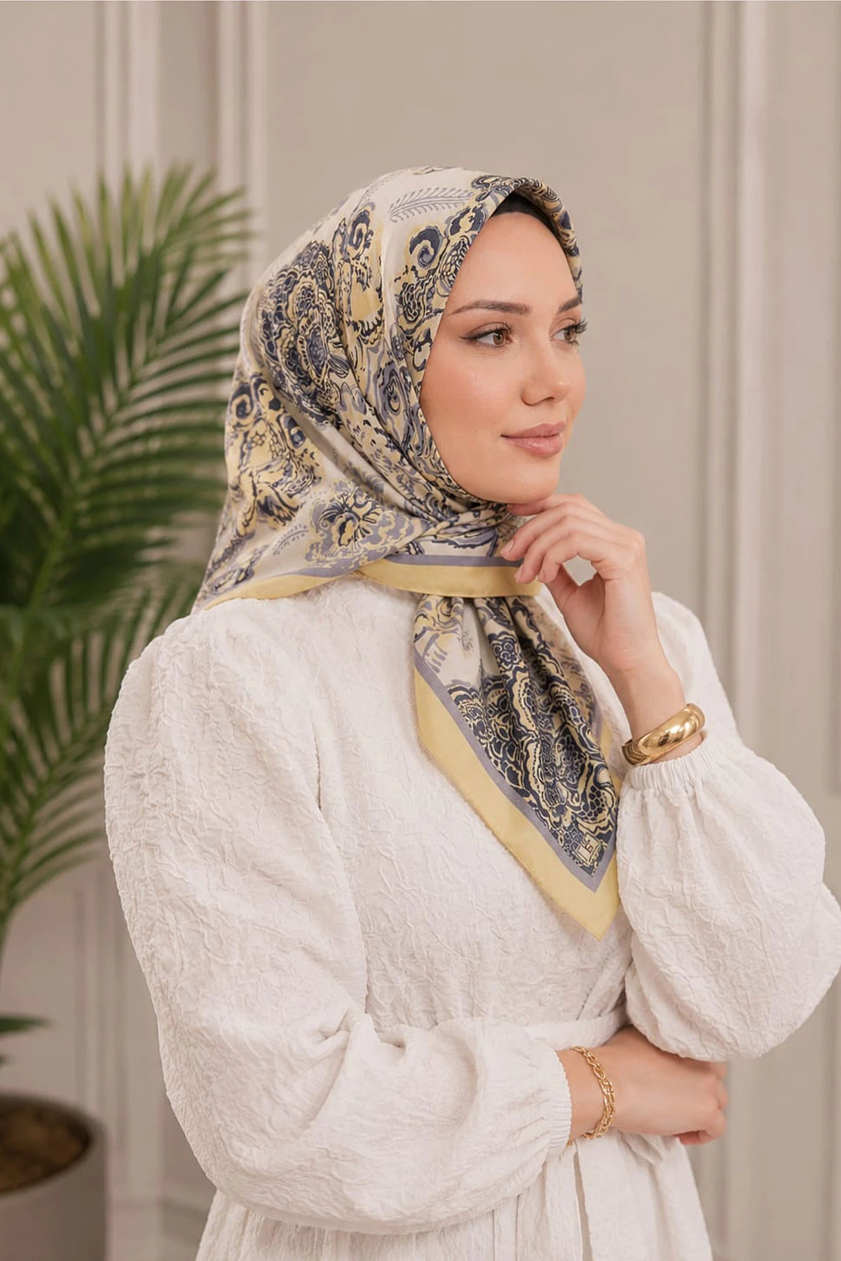 Sarı 95x95 Cm Dijital Baskılı Mercan Desen Soft Eşarp 473268