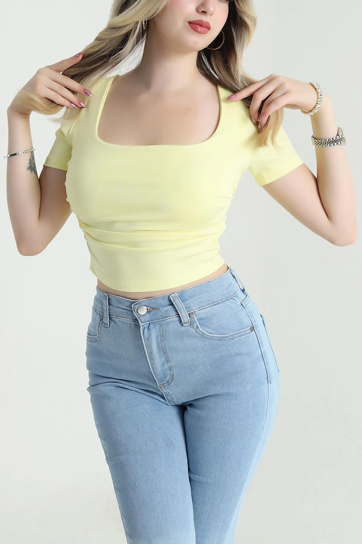 Sarı Bağlamalı Büzgülü Crop Bluz 477665