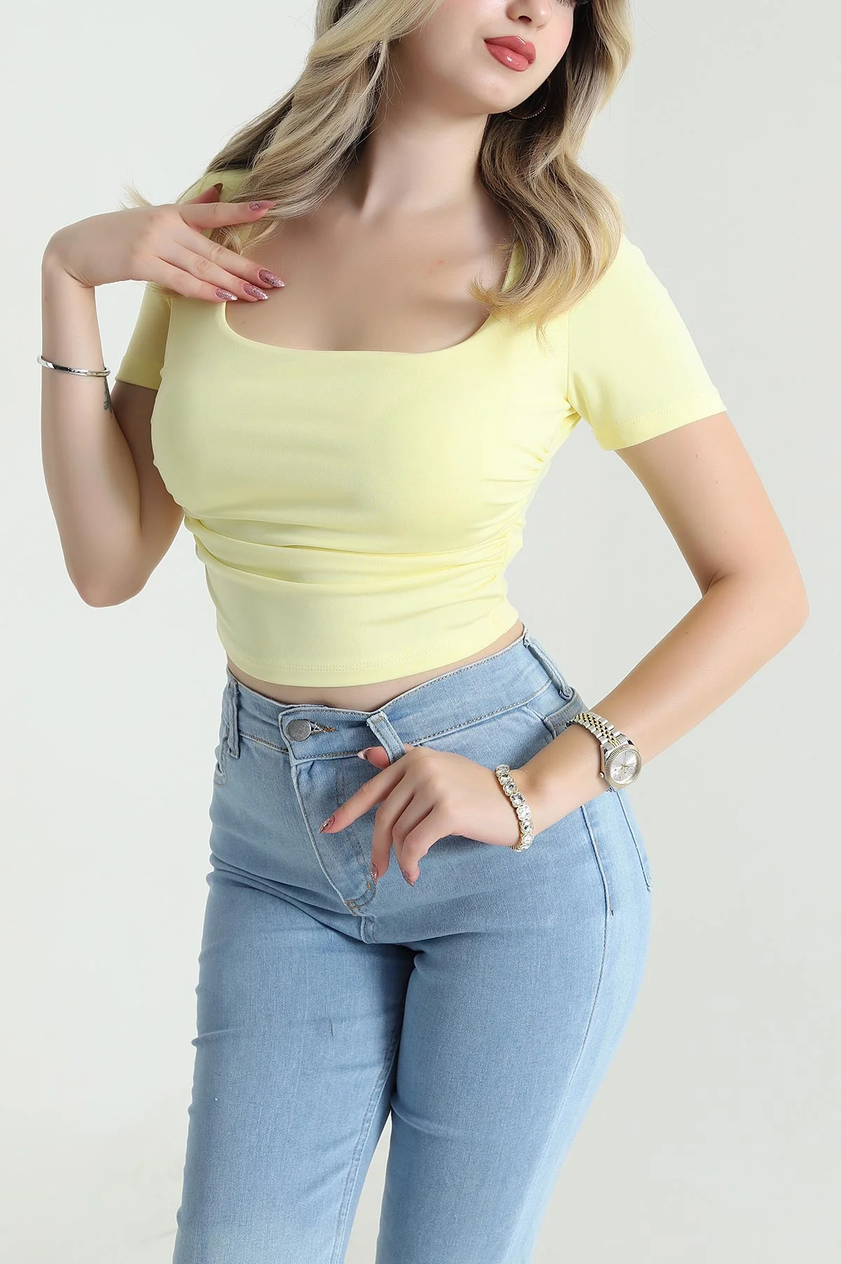 Sarı Bağlamalı Büzgülü Crop Bluz 477665