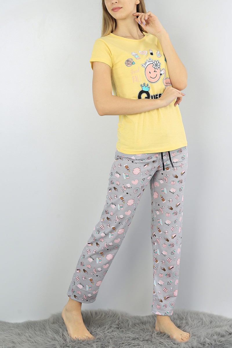 Sarı Baskılı Bayan Pijama Takımı 52096