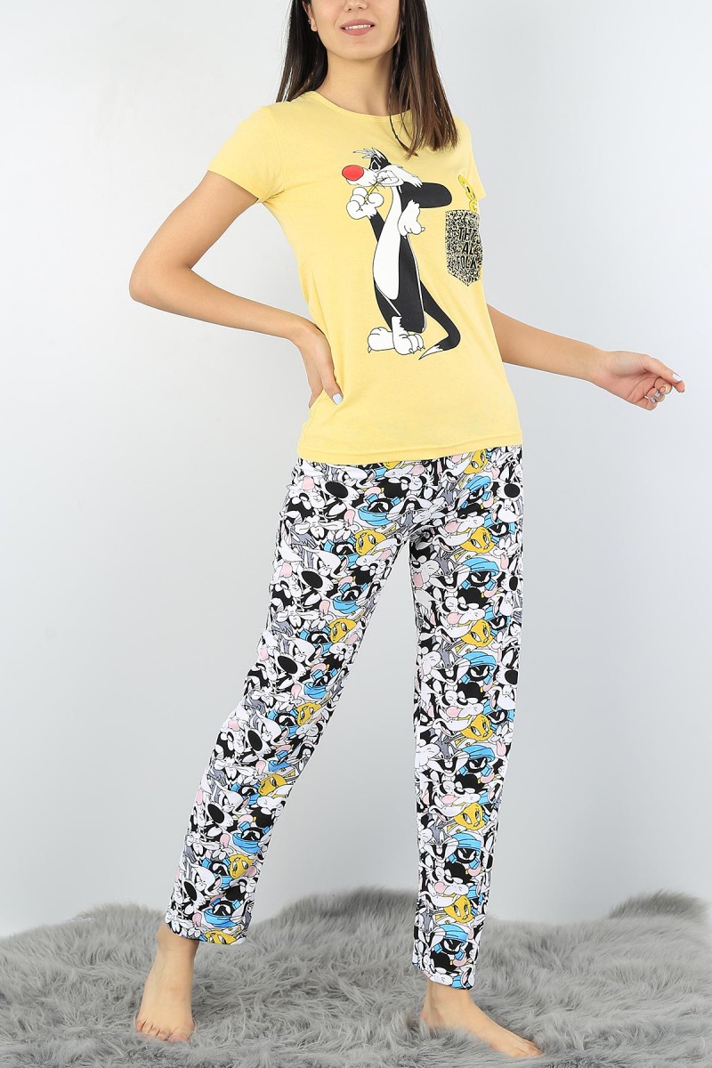 Sarı Baskılı Bayan Pijama Takımı 52338