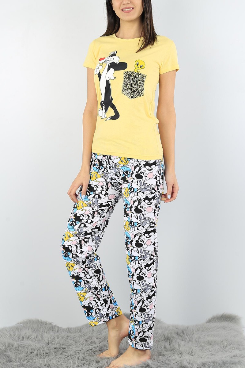 Sarı Baskılı Bayan Pijama Takımı 52338